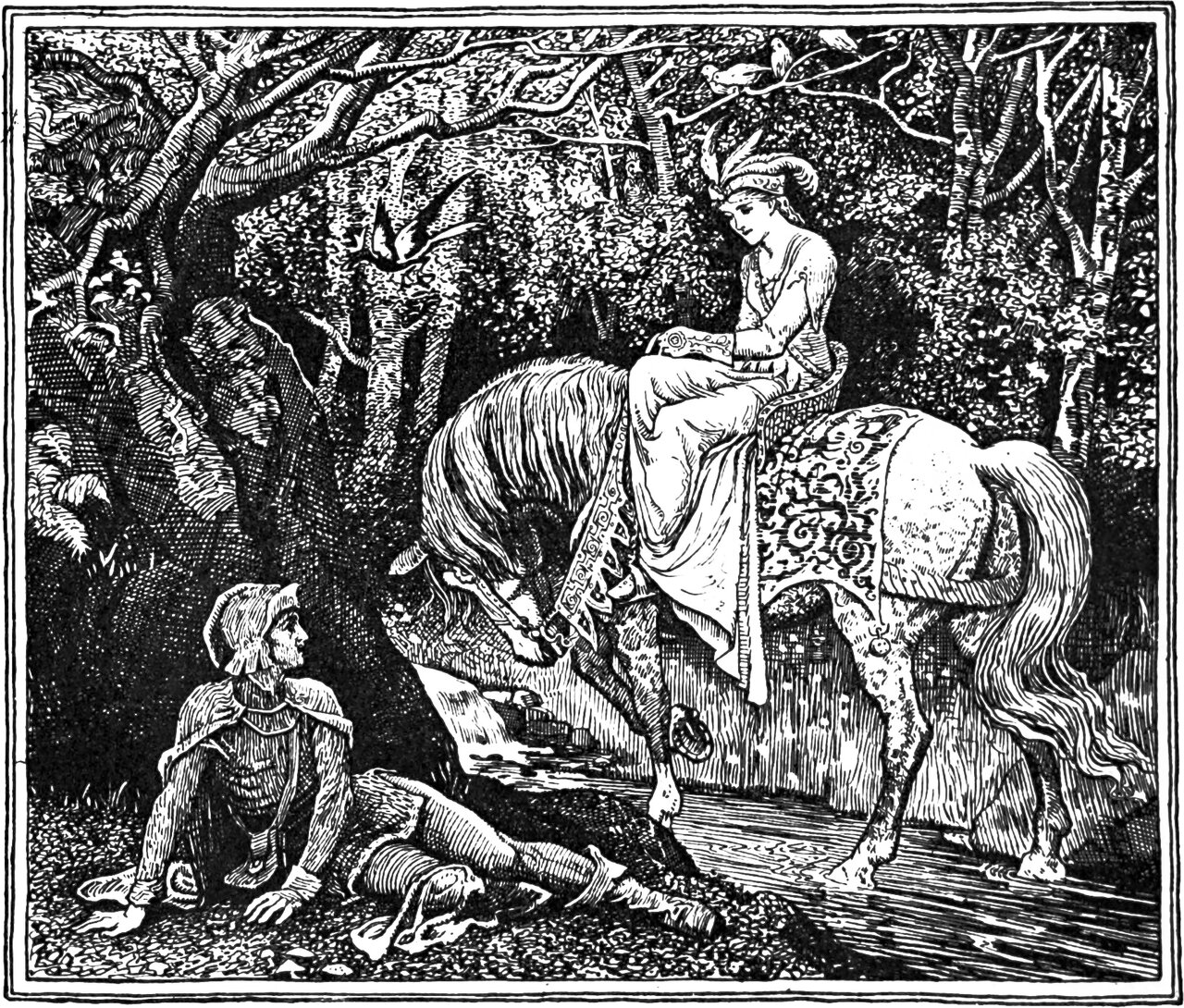 in a wood, a young man in a close cap sits on the stony ground propped back on both hands, looking up at a woman in a plumed circlet who rides side-saddle on a pale horse; the horse's head is lowered towards him and its bridle and figured saddle-cloth are richly ornamented