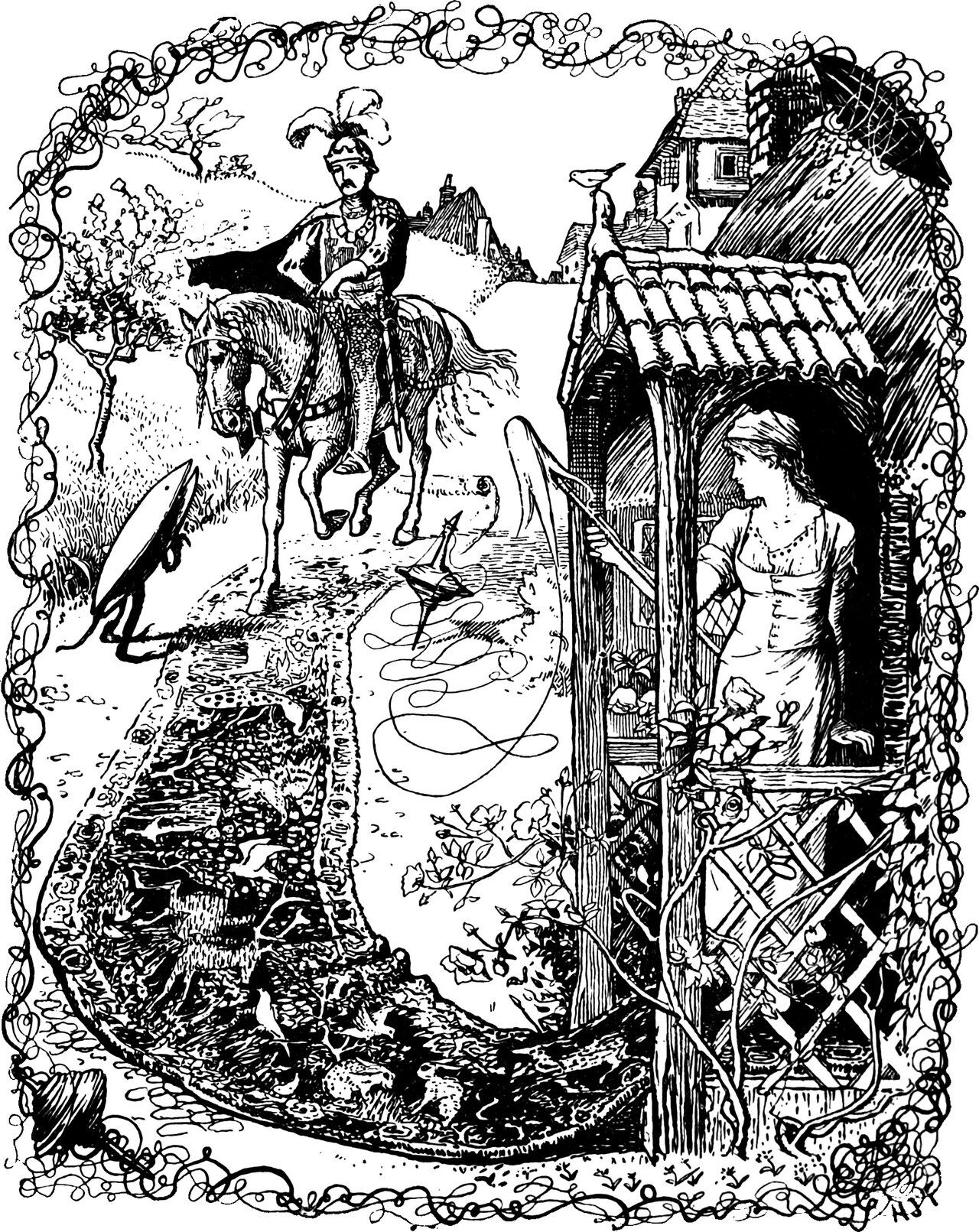 A young man in a plumed helmet and cloak rides past a cottage on the village road while a plainly dressed girl watches from its doorway; the spindle stands spinning in the road with its thread trailing behind it in loose loops, a great needle leans at the porch with a hand grasping it, and a patterned carpet of flowers, birds and small beasts runs out from the door along the road to the shuttle standing at its far end.