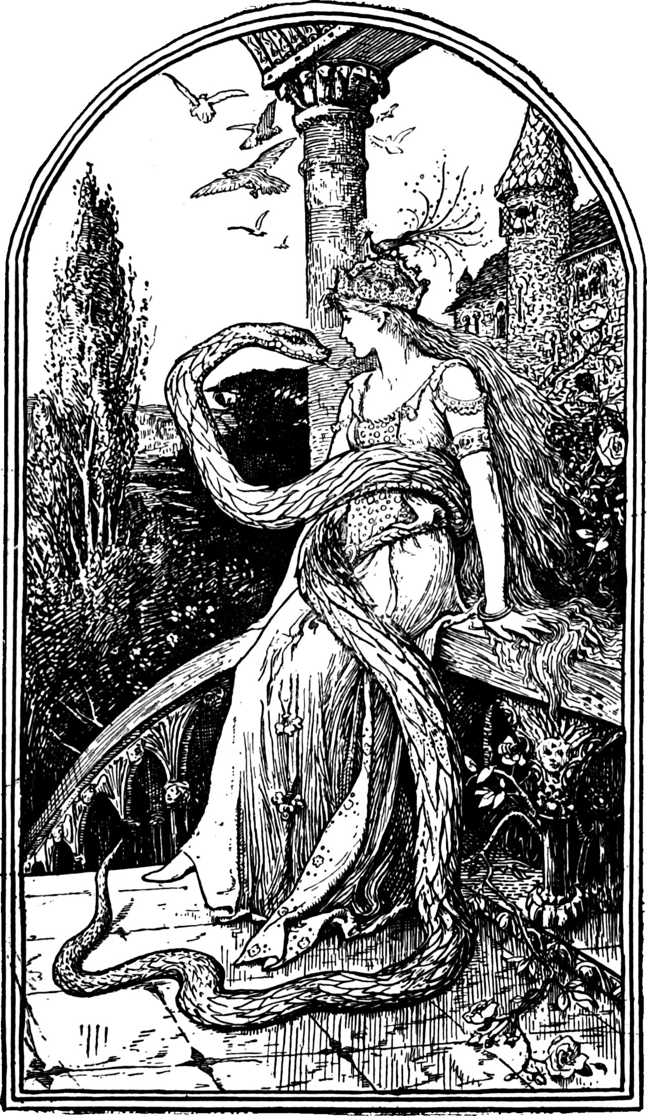 the enchanted snake winds its coils about the Princess Grannonia and rears up to kiss her on the castle terrace