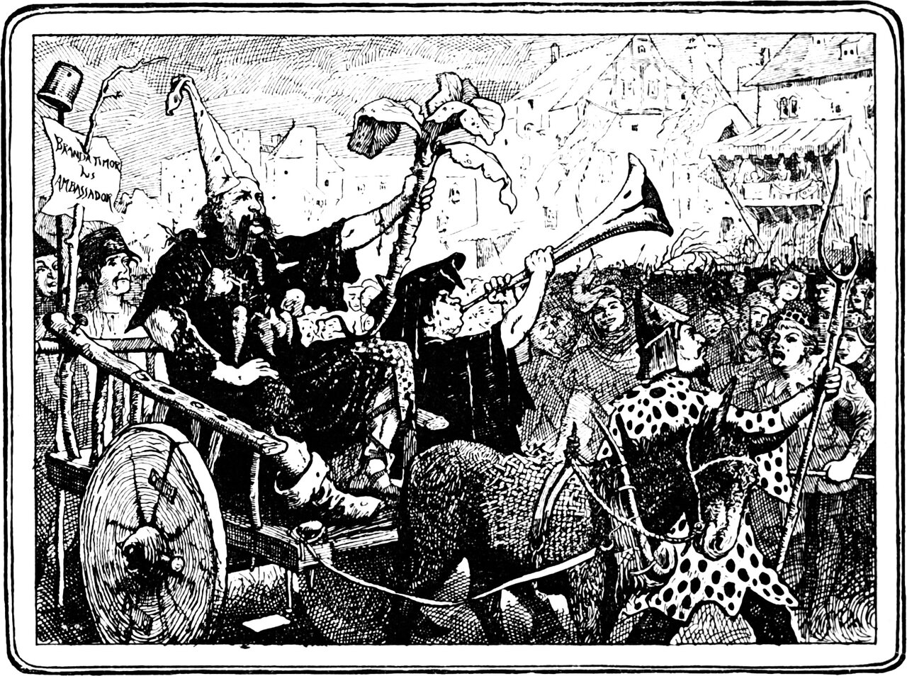 Brandatimor's Ambassador, in a tall drooping hat and with one arm raised, rides through a jeering crowd in a plain farm cart, a trumpeter blowing beside him and his banner lettered 'Brandatimor his Ambassador' carried along behind
