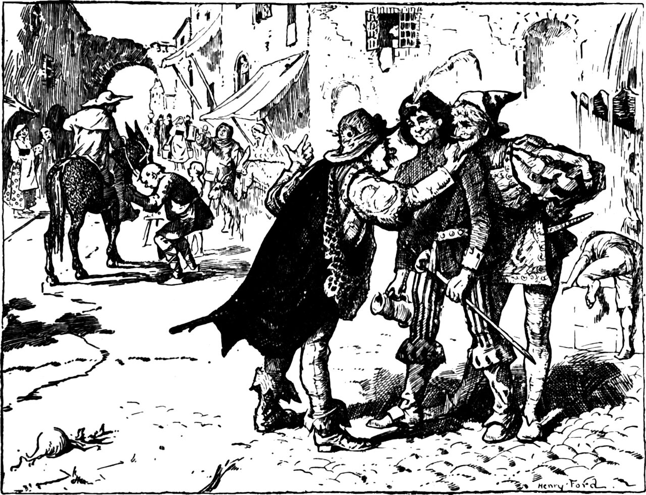 In a market street of stalls and awnings, three men in cloak, doublet and plumed hats crowd together grinning, one with his hand raised and two fingers pointing back past them, another with a bundle over his shoulder; behind them a rider in a broad hat sits halted on a long-eared mount while a bald bearded man stands at its head.