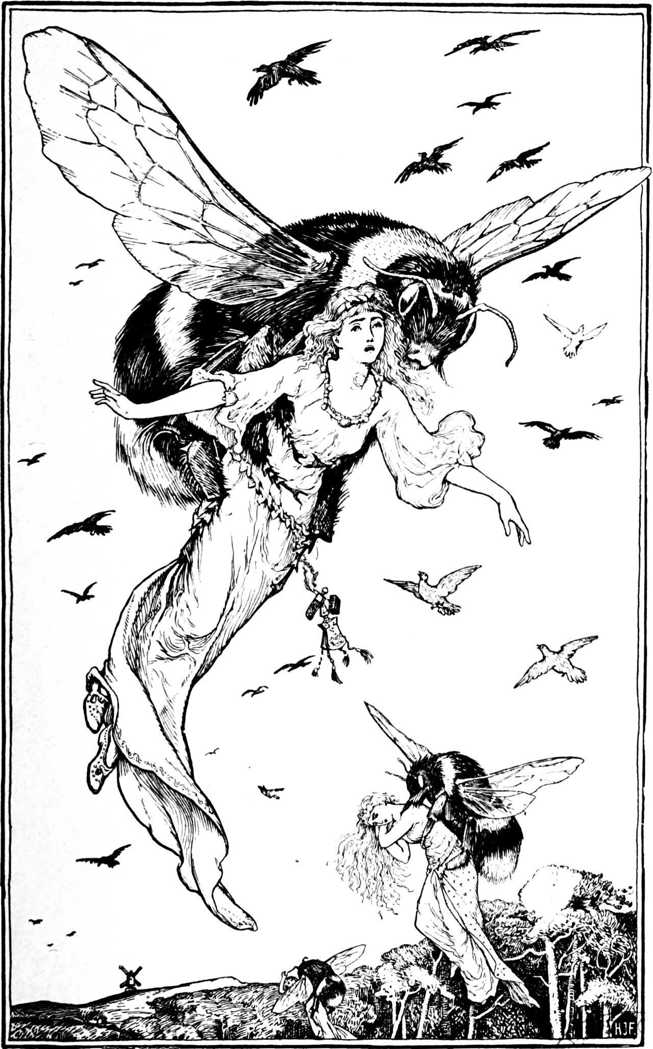 A giant bee carries a young woman through the air, its striped body and veined wings filling the frame while she hangs from its legs, arms flung wide and her gown streaming below. Birds wheel all round them. A second bee bears another woman down toward the treetops at the right, a third skims the ground, and a windmill stands on the far skyline