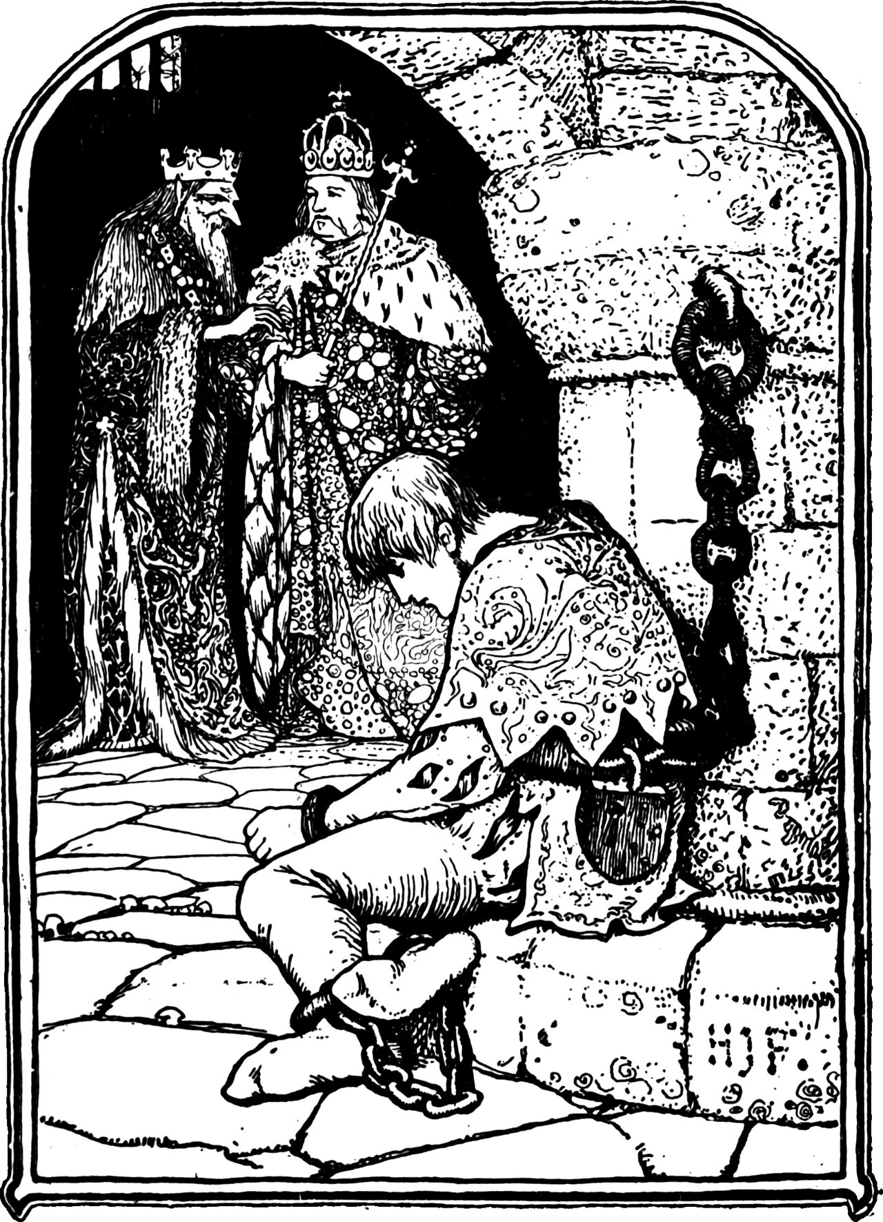 the Emperor and his crowned guest look down on the young Prince, who sits chained and hunched on the flagstones of the dungeon