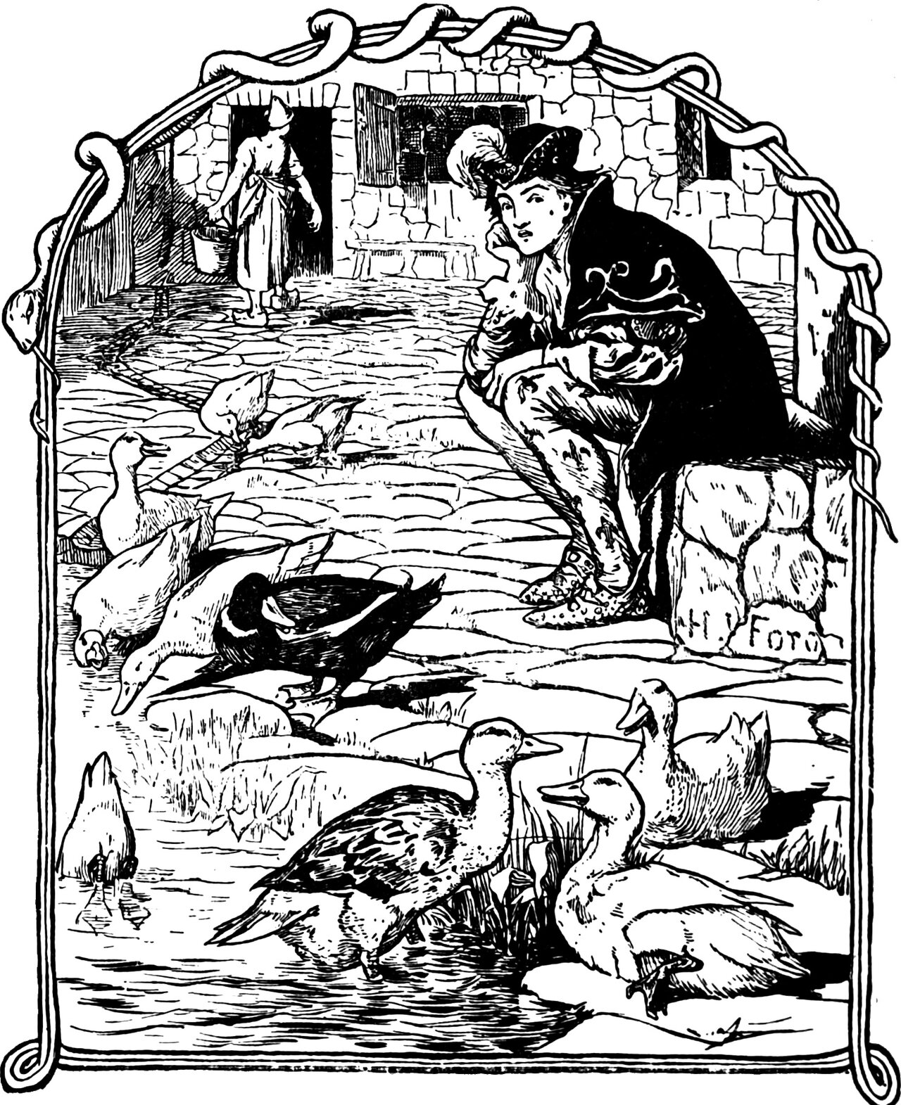 the King's servant sits chin on hand among the ducks in the flagged yard, a maid with a pail standing in the doorway behind him