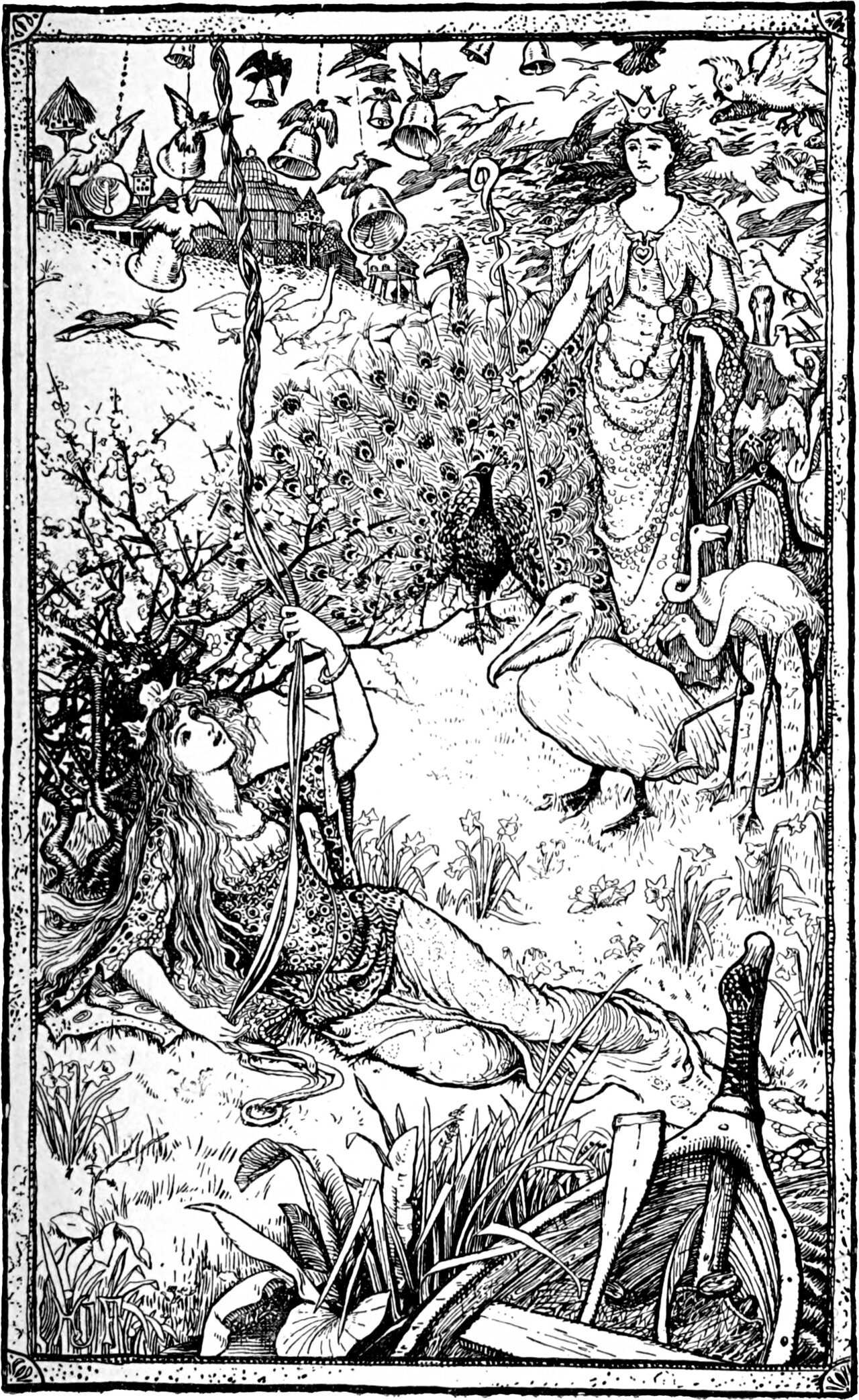 the Princess Placida lies back on the grass with the silken cord gripped in her raised hand and bells hanging in the air above the meadow, while a tall crowned woman in a feathered mantle stands across the field, a staff in her hand and birds of every kind crowded about her, a peacock in full display before her