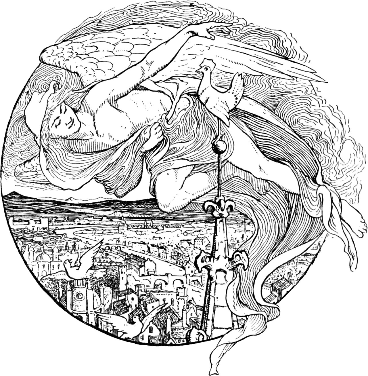 the wind, a great winged figure with streaming hair and drapery, sweeps over the roofs of Madrid, where Medio Pollito stands fastened to the weathervane on the church steeple