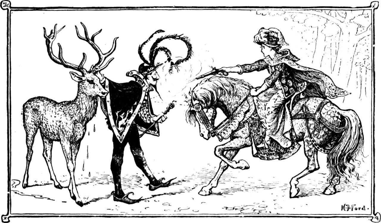 the lady on her plunging horse fires her pistol at the stranger, the weeping stag standing at his shoulder