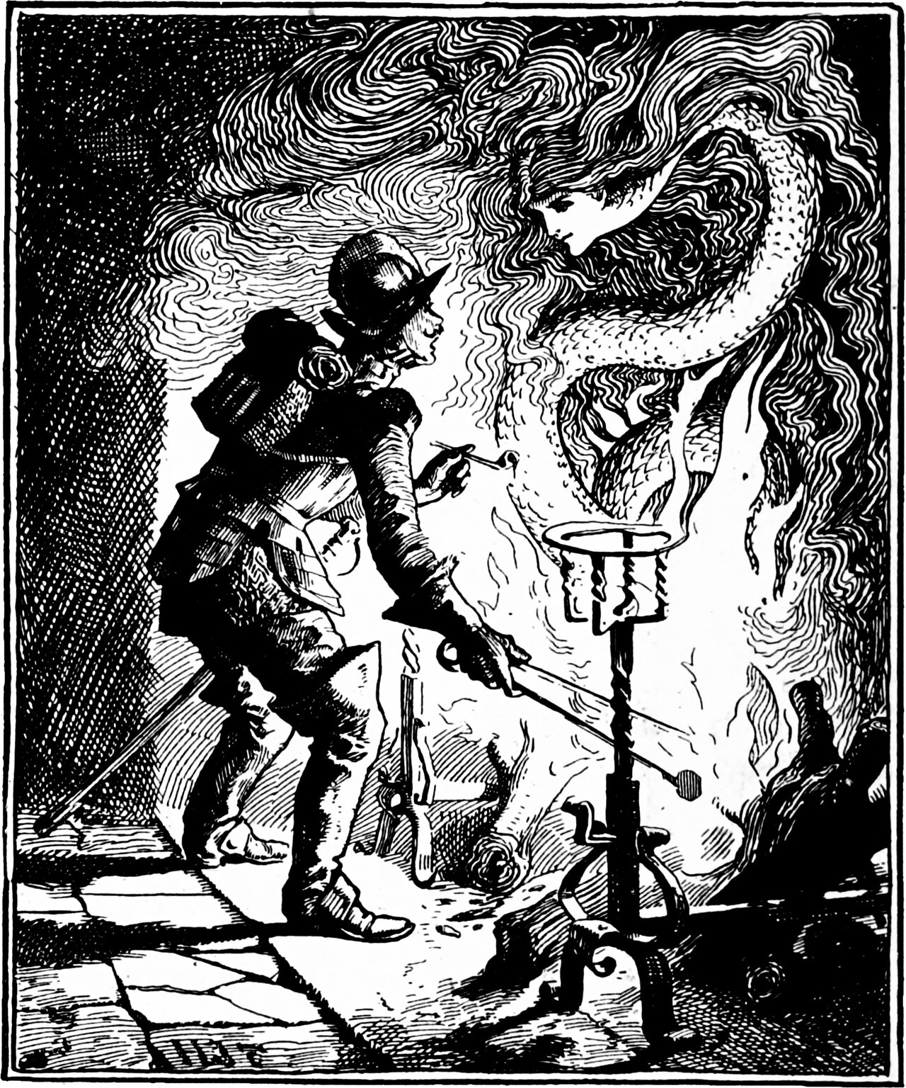 the little soldier stoops at the hearth with the tongs and his pipe as the serpent with a woman's head rears out of the flames