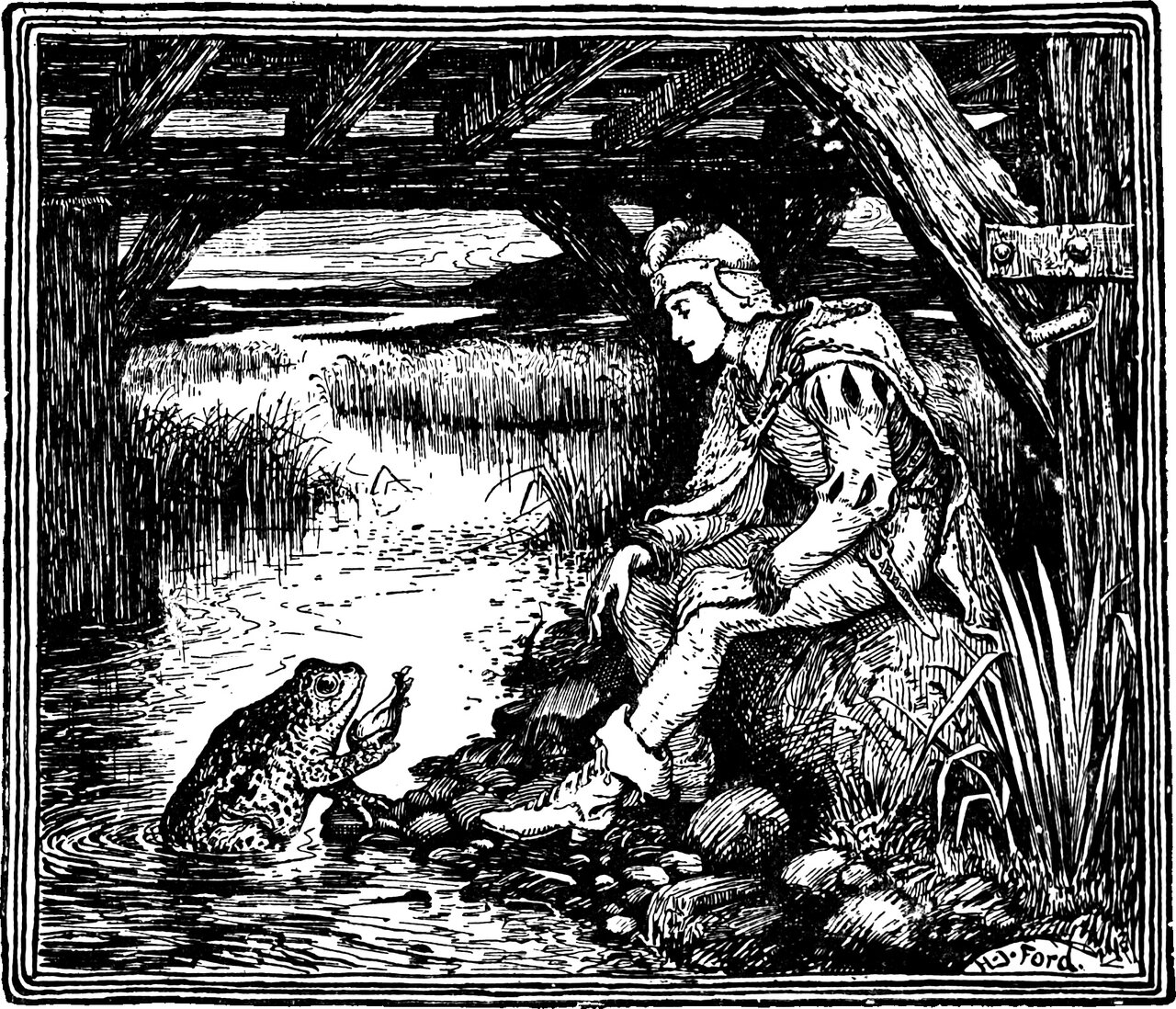 the youngest Prince sits dejected on the stones under the bridge while Puddocky the toad, in the shallow water, raises a forefoot to speak to him