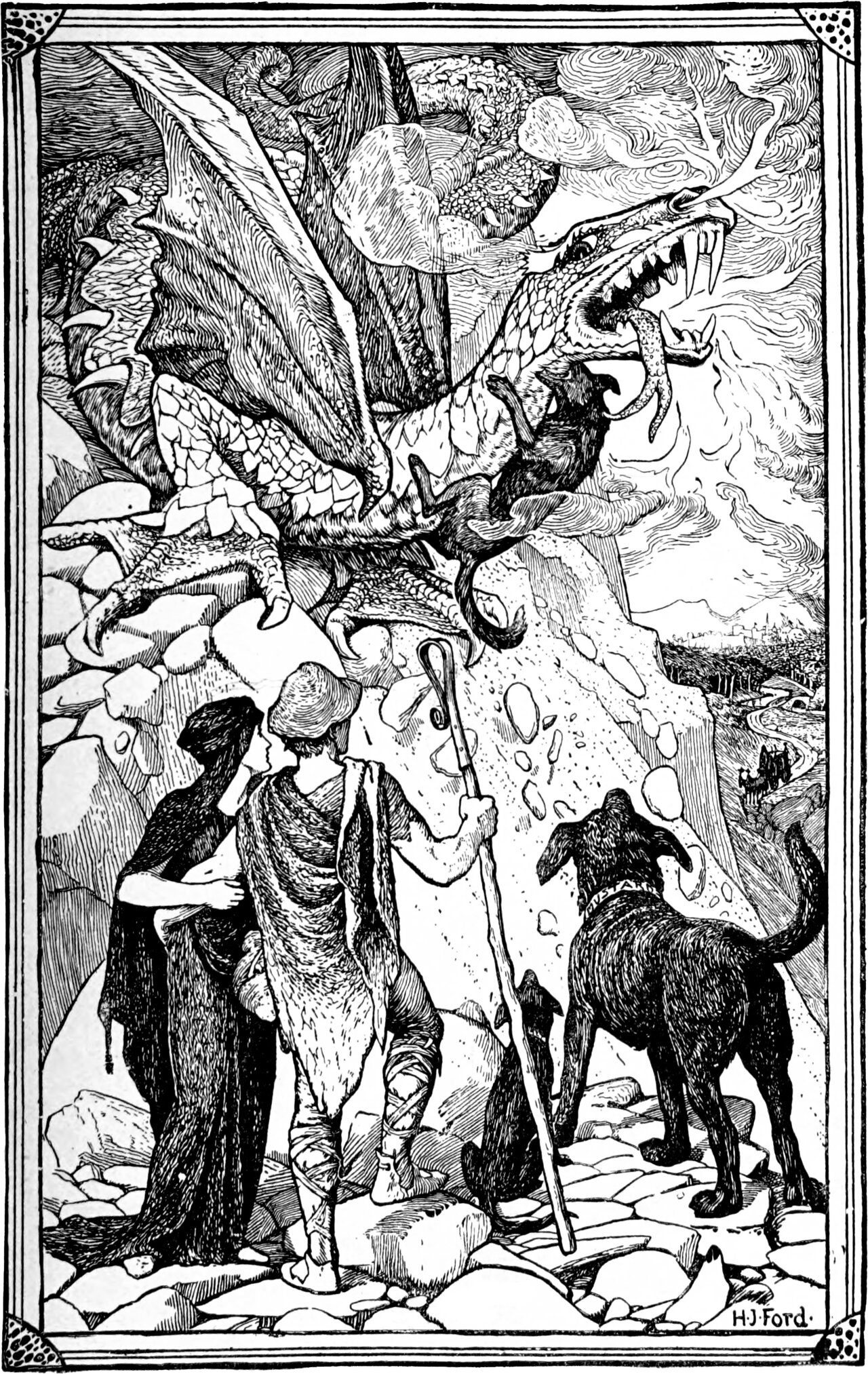 a black dog springs at the throat of the winged, fire-breathing dragon on the mountain path while the shepherd with his crook and the Princess in her black cloak watch from the rocks below, the dog Mustard standing at their side