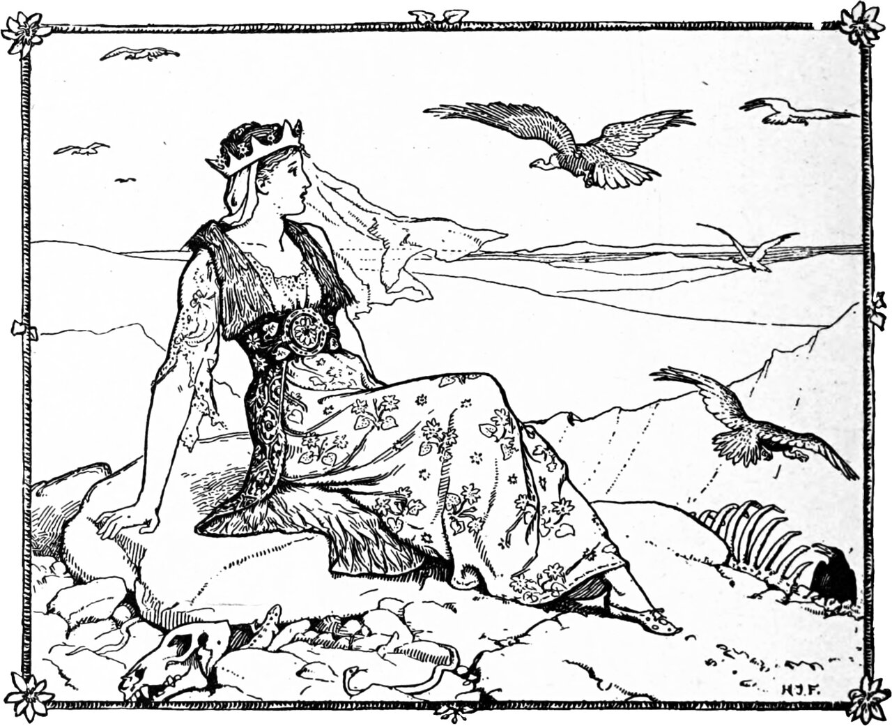 the Princess Celandine sits crowned and alone on a rock in a barren waste, still in her embroidered court gown with one sleeve torn to tatters, while vultures wheel overhead and one settles on a picked ribcage beside a skull and scattered bones