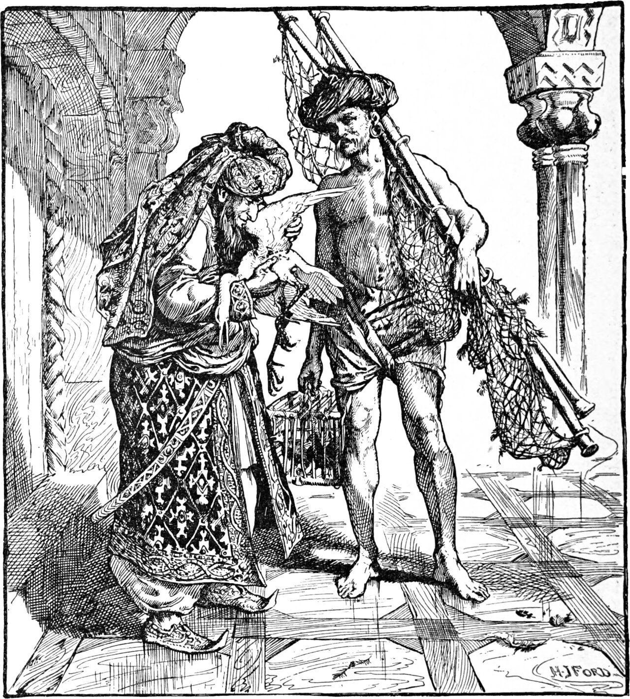 Badi-al-Zaman, robed and turbaned, bends close over a bird held in both hands and lifts one of its wings to look beneath it, while the barefoot Fowler points at the bird, rods and nets over his shoulder and a small barred cage hanging at his side, under the arches of the palace court