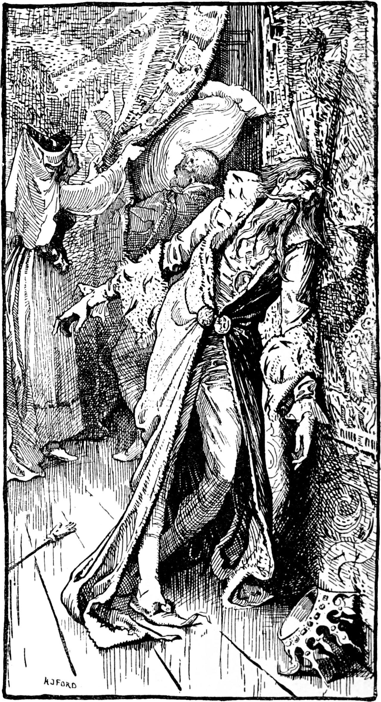 the King beats his head against the feather-bed hung on his chamber wall, a long-haired woman in a dark mantle bowed at his side and a lady in a tall veiled headdress reaching out to him