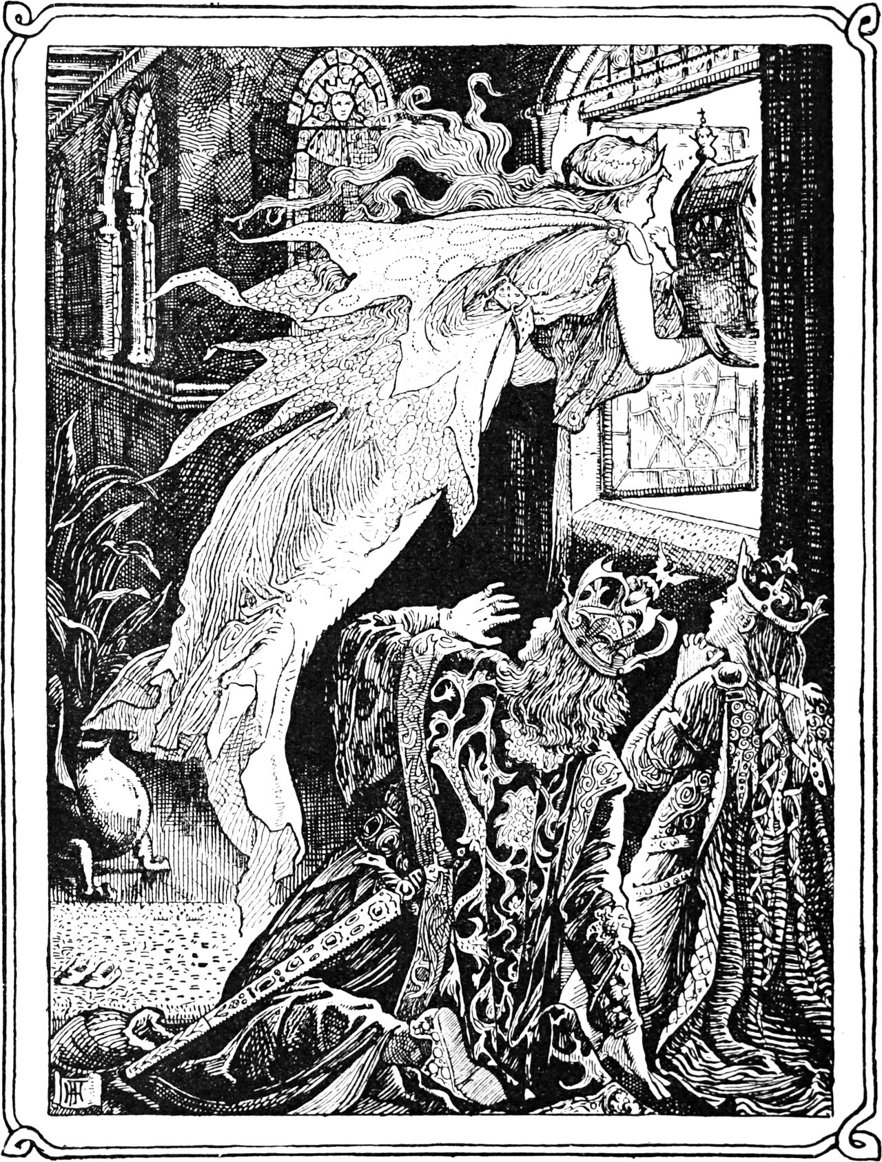 the Fairy Genesta glides out through the palace window while the King and Queen throw up their hands below