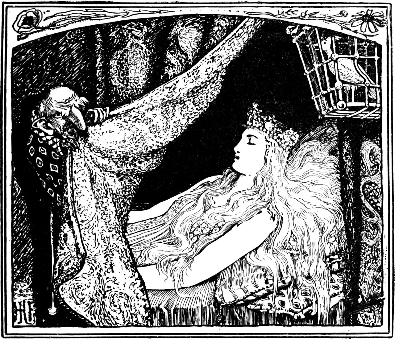 the little grey man lifts the bed curtain from the sleeping Princess, the caged bird singing above her head