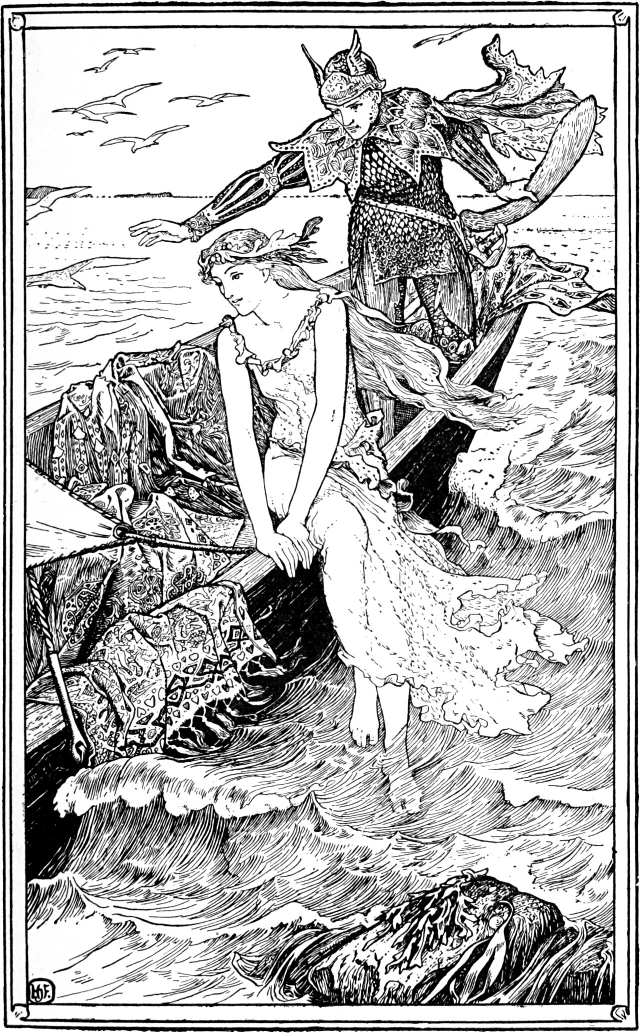 the golden mermaid leans in over the side of the boat of silks while the Prince, helmeted and in mail, stretches out his hand to her