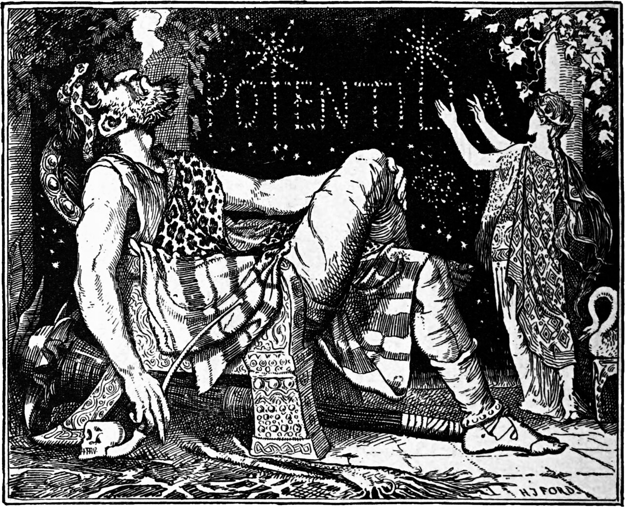 the Enchanter Grumedan lounges back in his seat with his nose in the air while the Princess Potentilla raises both hands to her name spelled out in points of light
