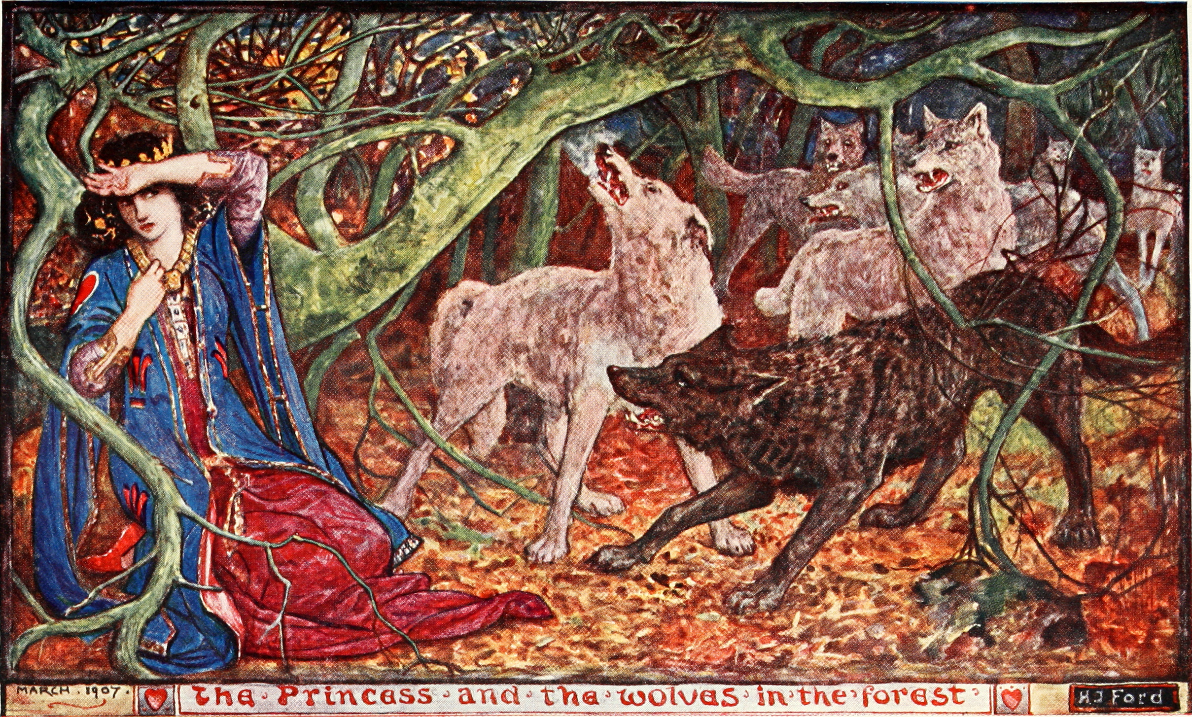 The princess and the wolves in the forest