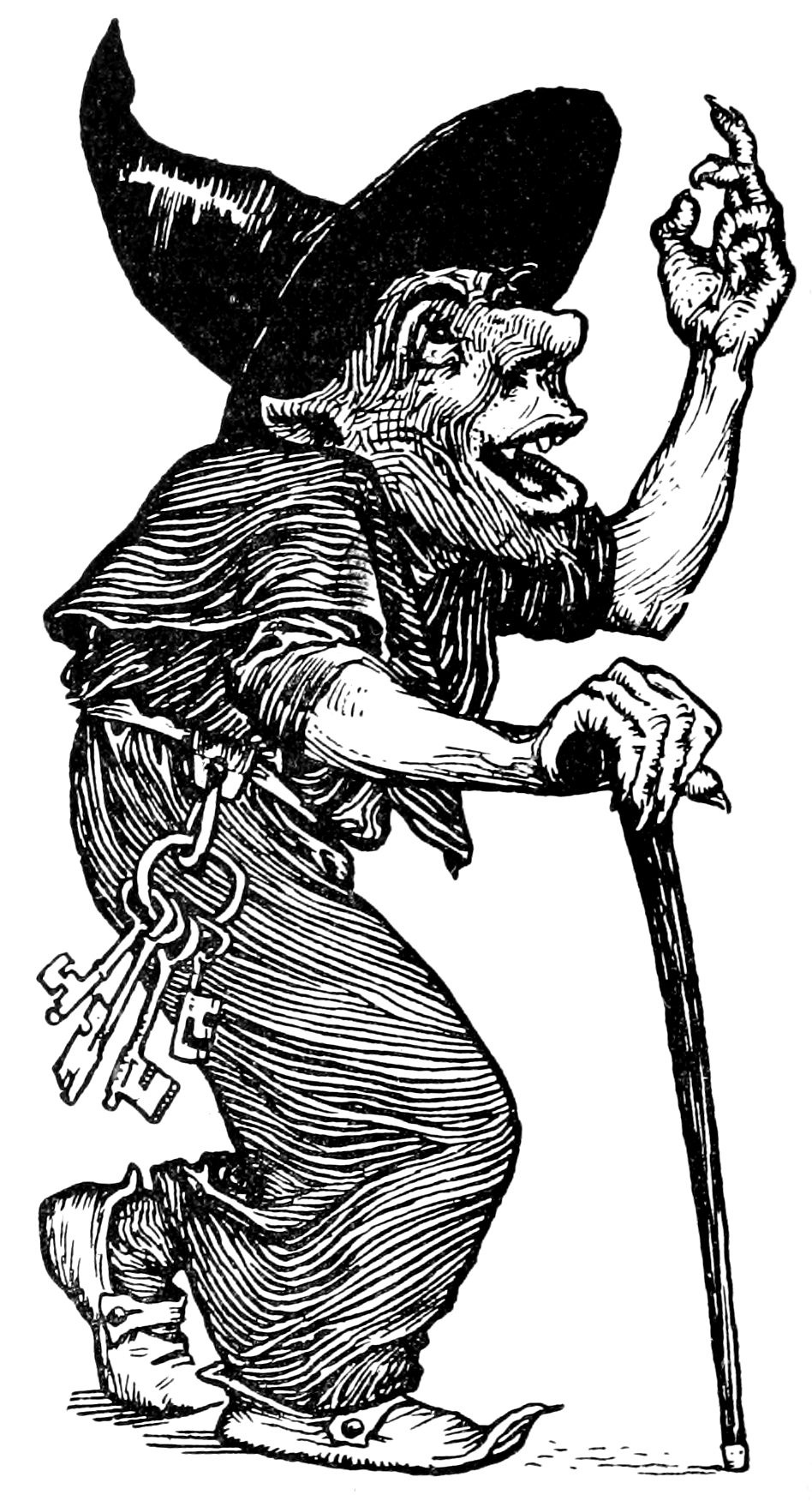 black and white illustration of a small young man flying riding a long white stick that vaguely resembles a horse. He dangles a large sack loosely in one hand and holds the “horse’s” “reins” in the other. The young man wears a small hat with a pointed brim folded at the sides with a very large feather in it, a puffy-sleeved shirt with a sleeveless tunic over it, leggings, and pointed shoes. The stick has a lumpy “head” with impressions or holes for eyes and nostrils, four slender branches for limbs—branching further at the ends, and two small ones for ears. There is no background.