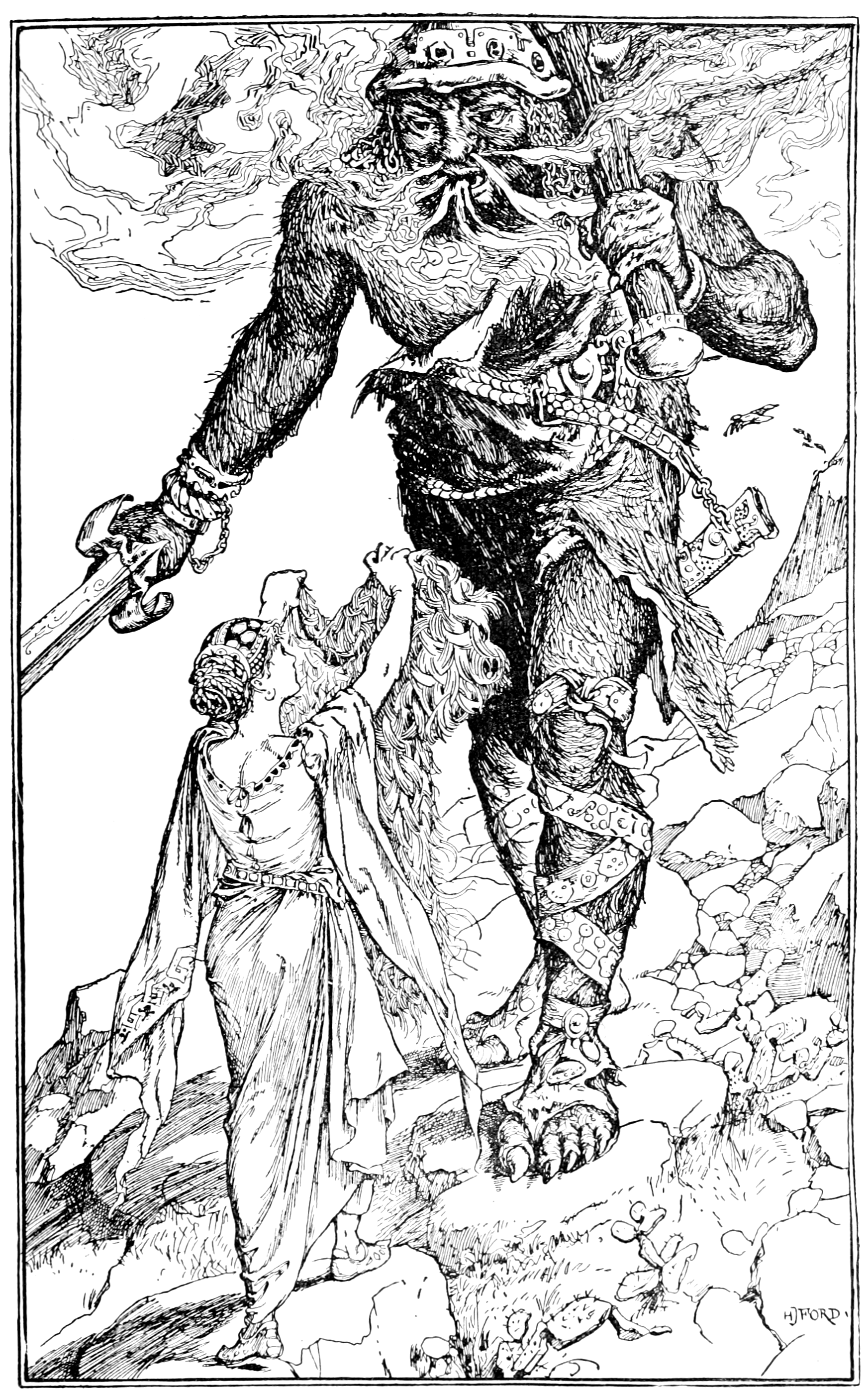 black and white illustration of a wizard in dark glasses waving his wand at a young woman kneeling in the grass before a long line of large stones. The wizard has a long white beard and hair and wears dark glasses, a small dark cap, dark robes with suns and interlinked circles on it, large shaggy fur cuffs, black longed slippers, and a belt with a ring of very large keys dangling from it. The young woman has very long flowing hair and wears a flower crown of roses and a puffy-sleeved lacey rose-print dress. A stone cottage and a bit of forest is visible in the background.