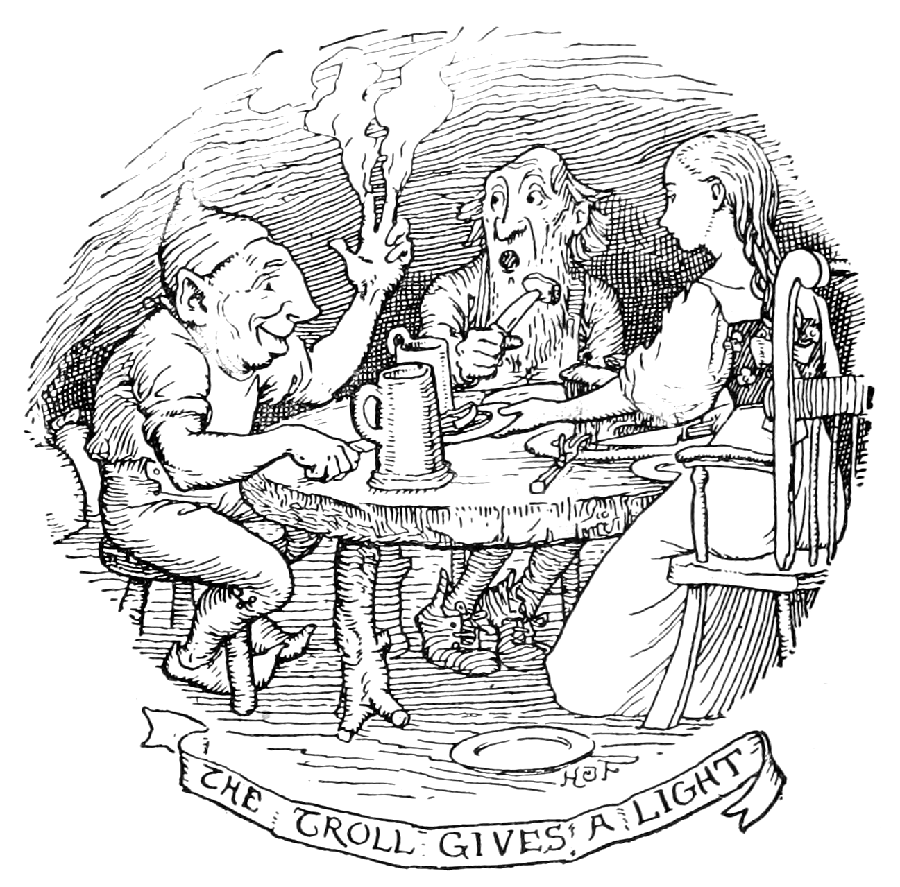 round black and white illustration of a troll waist deep in water scooping out a fish with a ladle. Behind them a young woman and an old man watch with amazement from where they are sitting in a dough trough that they are using as a boat. The dough trough is already mostly full of fish. The troll has pointed ears, a large head, large buck teeth, a muscular chest and arms, and dark skin. He is smiling like he is having a good time.