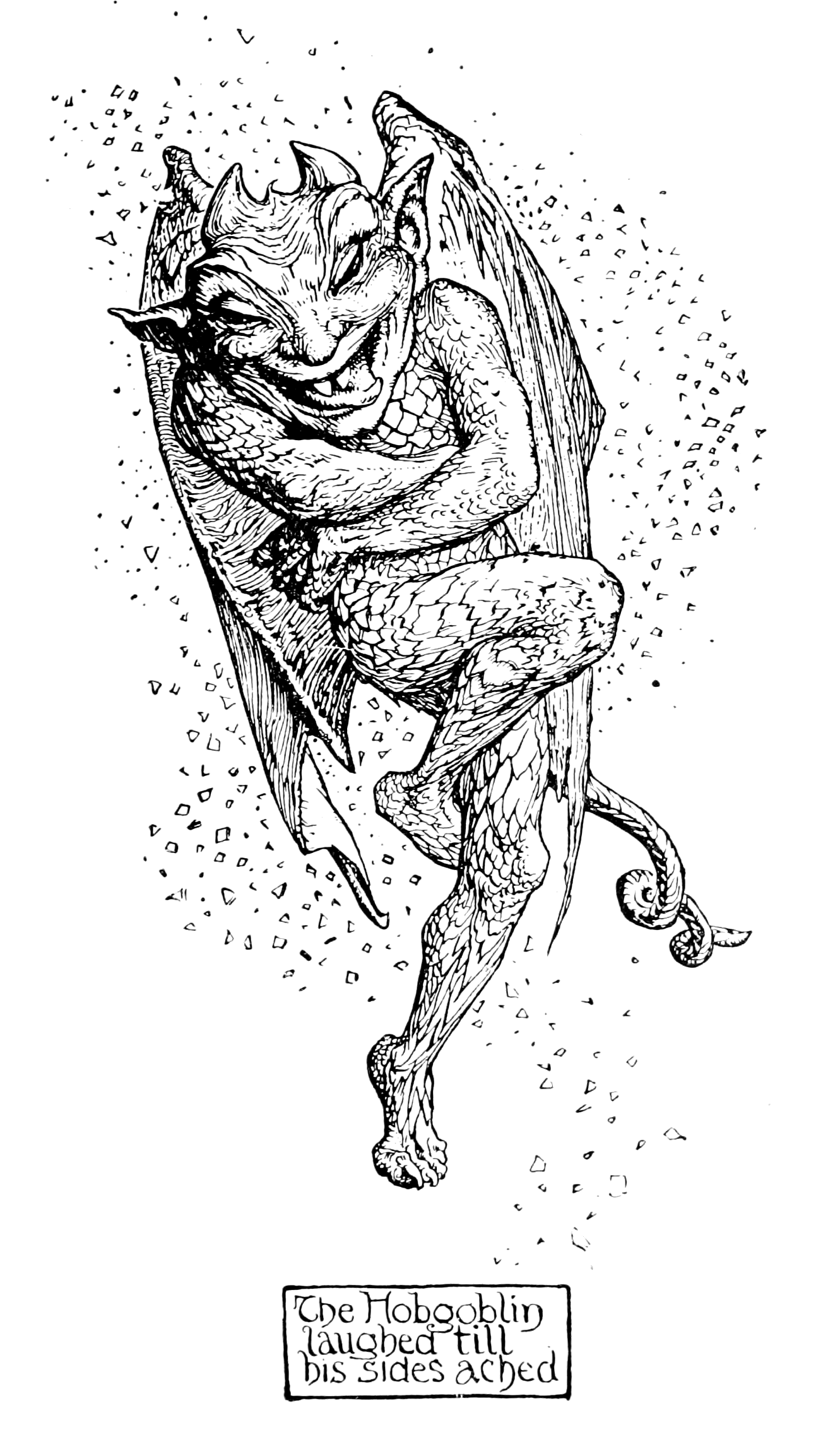 black and white full page illustration of a woman standing barefoot on the edge of a window-box with her arm outstretched and a languid expression. She wears a spikey ice crown and has long hair and a gauzy clinging dress. Her hair as well as the sleeves and hem of her dress flow in swirling patterns. In the background a house with a sloping roof and a smoking chimney can be seen. It is covered in snow, as is the ground, and snow coming down is visible against the dark night sky behind it.