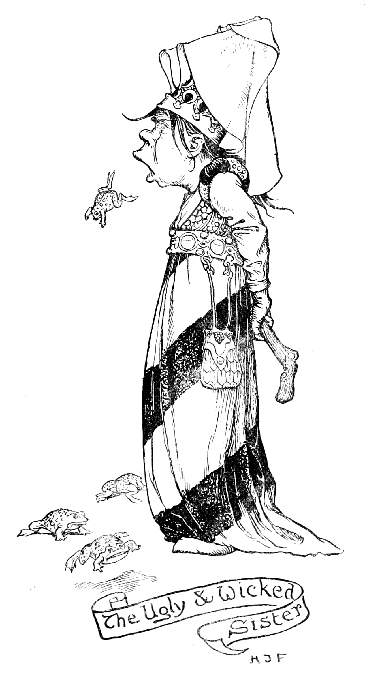 black and white full page illustration of a young woman wearing many layers of chemises (underdresses) laying a chemise that she has just taken off on a large shed snake skin while an enormous snake cranes it’s head down to look at her. The snake has an somewhat dragon-like head with a distinct snout and two small horns on the back of its head. In the background is a fireplace with a cauldron over it with large scrubbing brushes in front of it. Their is a leopard-skin rug in the ground. Apart from the fire the room is dim.