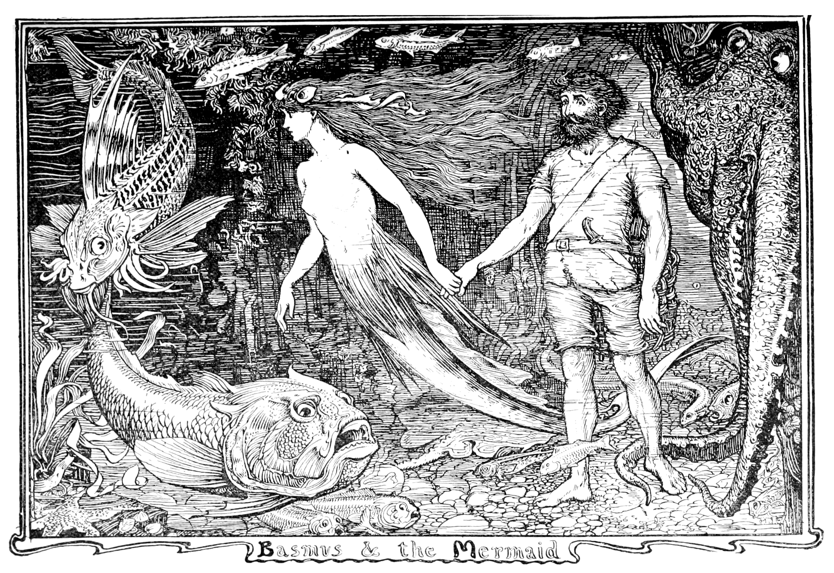 black and white illustration of a creature that looks somewhere between a gargoyle and a sea monster pulling a young man out of his boat which is tipping over. The creature has long horns which curl at the tips like antennae, somewhat bat-like ears and wings, a pointed beak, thorny spines down it’s back and long wet hair coming off it’s arms, it’s hands are around the man’s neck. The creature seems to be having fun with a gleeful expression on. The young man is broad muscular and shirtless with shaggy hair and is gripping a thick staff with one hand as he uses the other to try to brace himself. There is a bundle of food in a corner of the boat with an apple visible.