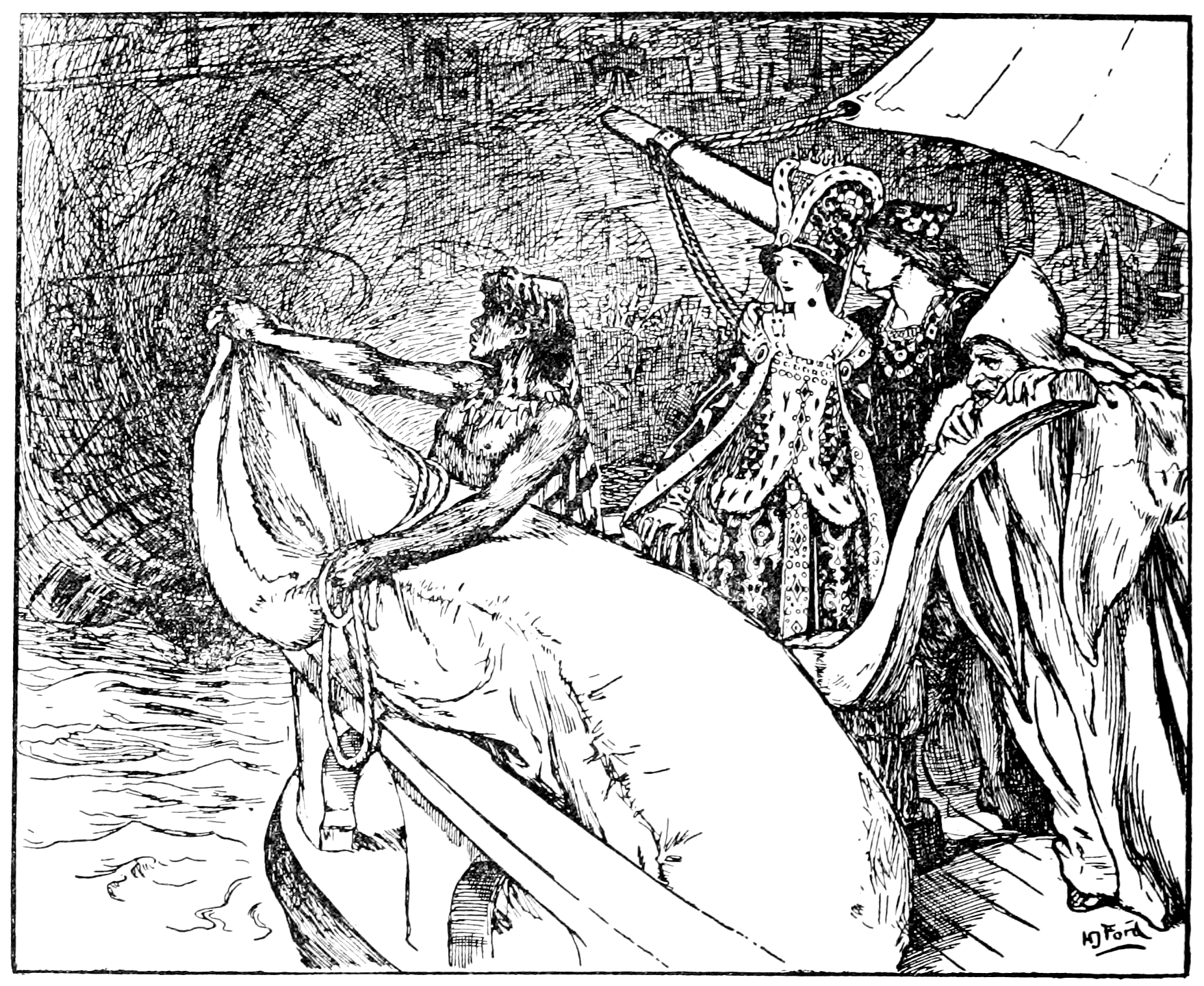 black and white illustration of a young woman laying down on the rocky edge of a pool to fill her pitcher, holding her long flowy sleeve out of the water as she does. Above her, so near she has to duck under them, is a flowering tree in full bloom with a bird on a low branch that seems to be a parrot of some kind.