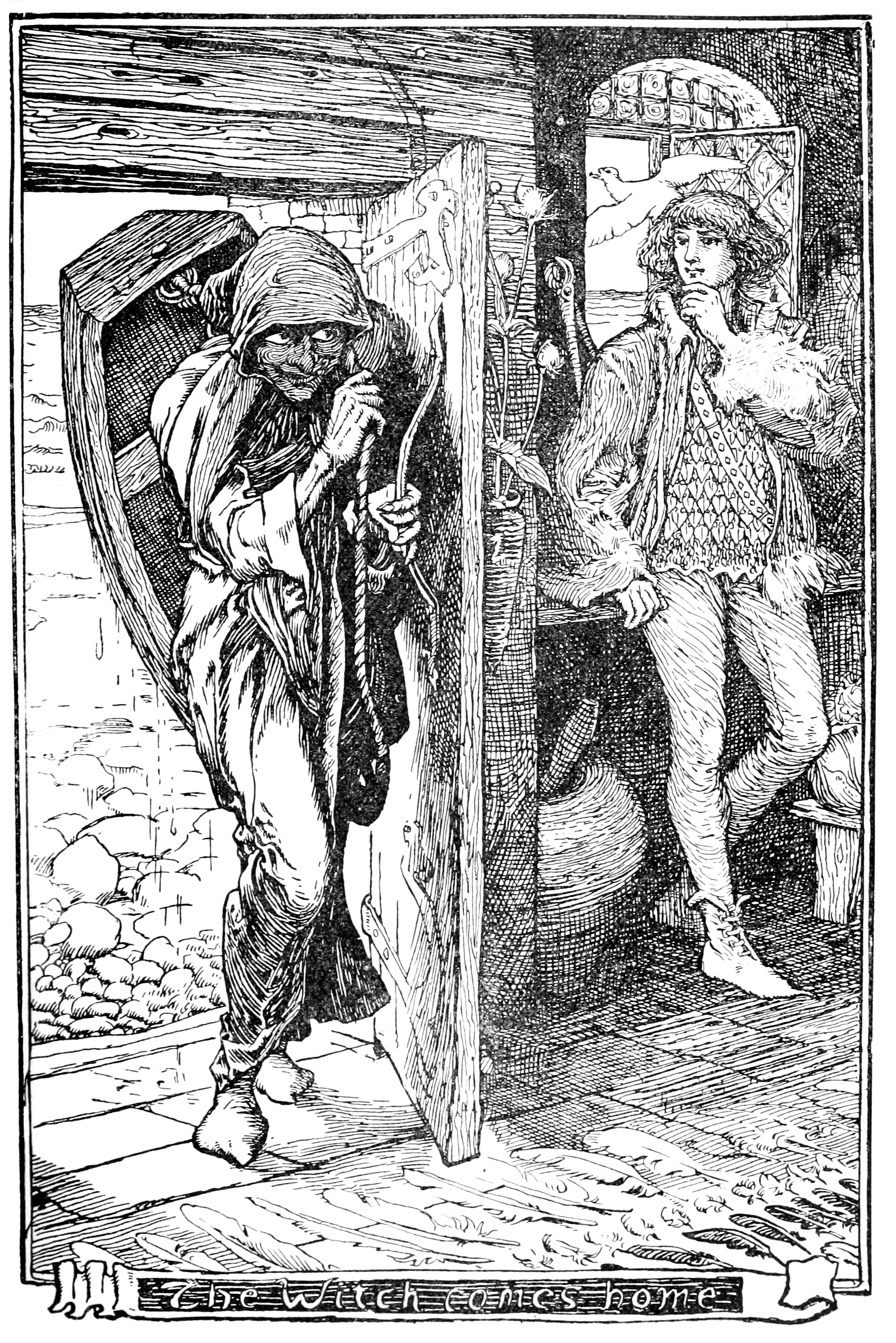 black and white illustration of a man and a woman watching a witch destroy the furniture in rage.