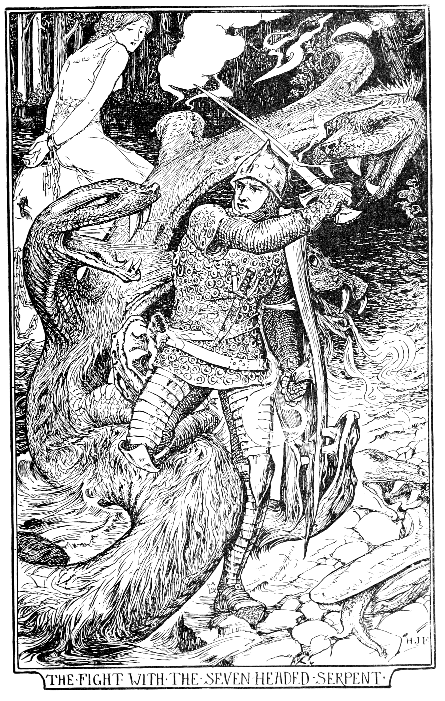 black and white illustration of an old woman with long flowing hair reaching out to put a hair that she has plucked over the shoulder of a young man in armor who looks alarmed. The old woman has a deeply wrinkled brow with small shadowed eyes, and a wide mouth with two blunt protruding fangs. She wears a black cloak with a buckle with a face on it and a black dress with a belt with pouches hanging from it, one plain and one something like leopard-print. The man wears mail on his head and body to down to his wrists and up covering his chin. Over it he wears a small slightly pointed helmet with studs, banded leg plates, and a short over-tunic with rings sewn to it and short flowing sleeves. He has several belts strapped around and across him, one of which his sword is strapped to. The illustration is circle-shaped and there is no background but a bit of shadow.