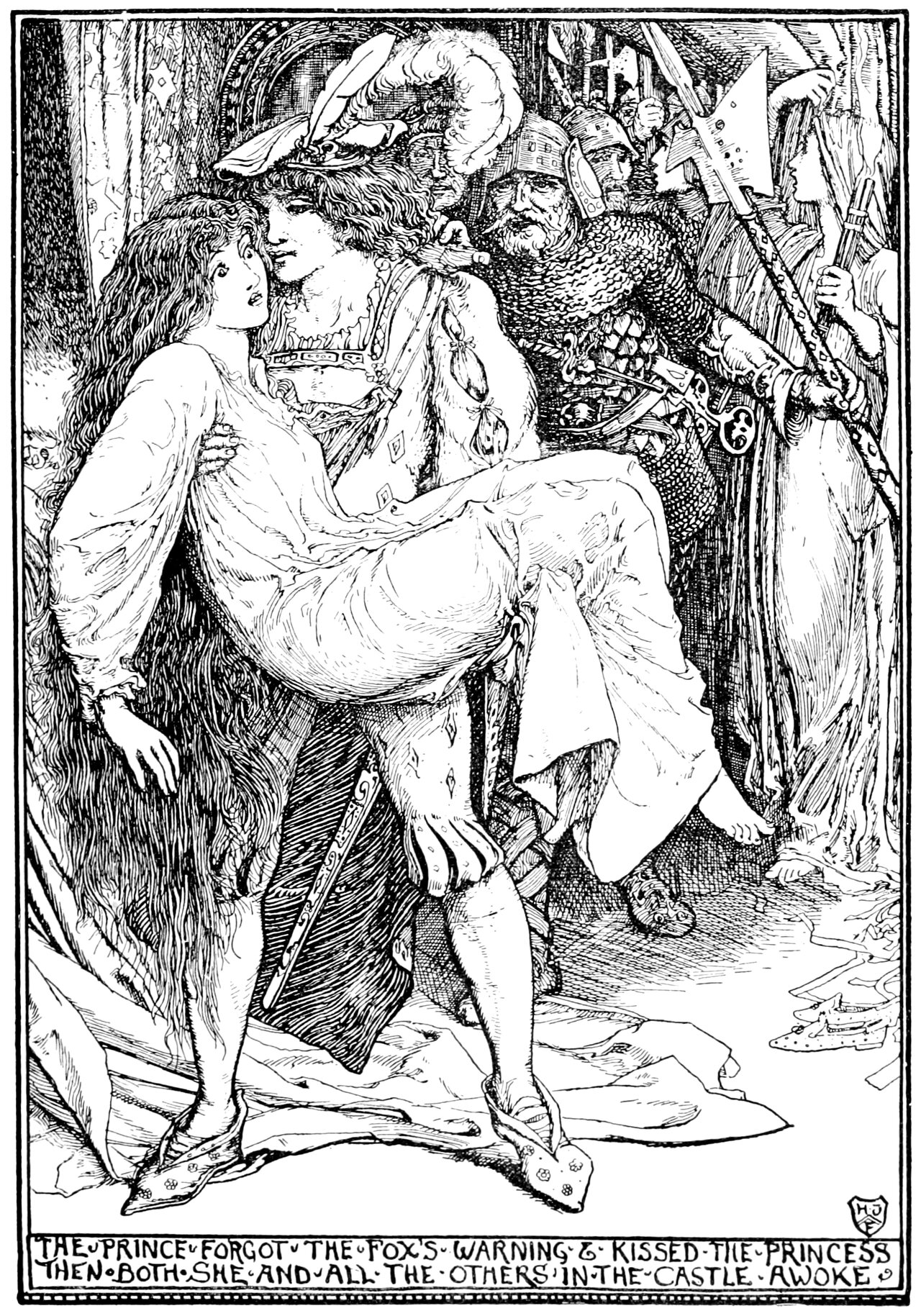black and white full page illustration of a young man holding the a young woman in a bridal carry. The young woman is wearing an old-fashioned nightgown and looks very surprised. She has very long hair hanging loose and is barefoot. The young man has curly hair and a somewhat dazed expression. He wears a hat with several large feathers, a shirt with slashed sleeves, knee length breeches with a diamond pattern and pleated ends, and pointed flower-patterned shoes. There is a commotion behind them of guards and a woman with a torch speaking to them. The guards are liveried and carrying halberds.