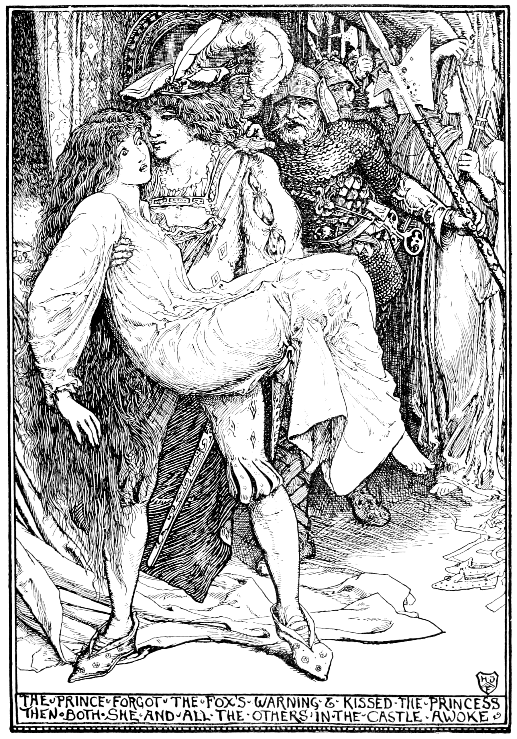 black and white illustration of an old man with a crown sitting in an ornate throne and clutching his head in shock his eyes wide open. A young man stands by with a bird on his wrist (which looks maybe to be a white colored Victoria crown pigeon or similar) singing on his wrist. A young woman wearing a crown leans in to lean one hand on the young man’s shoulder in a companionable way with the other hand braced on the top of the throne. The old man has loose robes and a long white flowing beard and is resting his feet rest on a pillow. The young man has curly hair and wears a a plain ragged-edged tunic. There is a cane leaning hooked onto the edge of the throne. Behind the throne hang tapestries of heraldic crests. Behind the young man there is a guard with a halberd in livery and the bird’s cage is at his feet.
