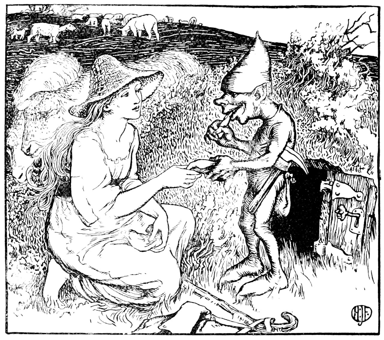 black and white illustration of a young woman kneeling beside a small gnome-like being to hand him a piece of flatbread next to his mound while sheep mill about in the background. The young woman has long light-colored hair loose under a straw hat. She wears a simple dress with a ragged neckline and loose sleeves and holds another piece in her other hand resting in her lap. Next to her knees is a shepherds staff with the strap of a bag tangled around it. The little man has is eating one of the breads. He has pointed ears and no obvious clothing except his pointy cap and a belt under his arms with a pick in it, but has wrinkles like he’s wearing a bodysuit with a pointed toes. The mound is covered in grass and heather and has a small door leading into it.