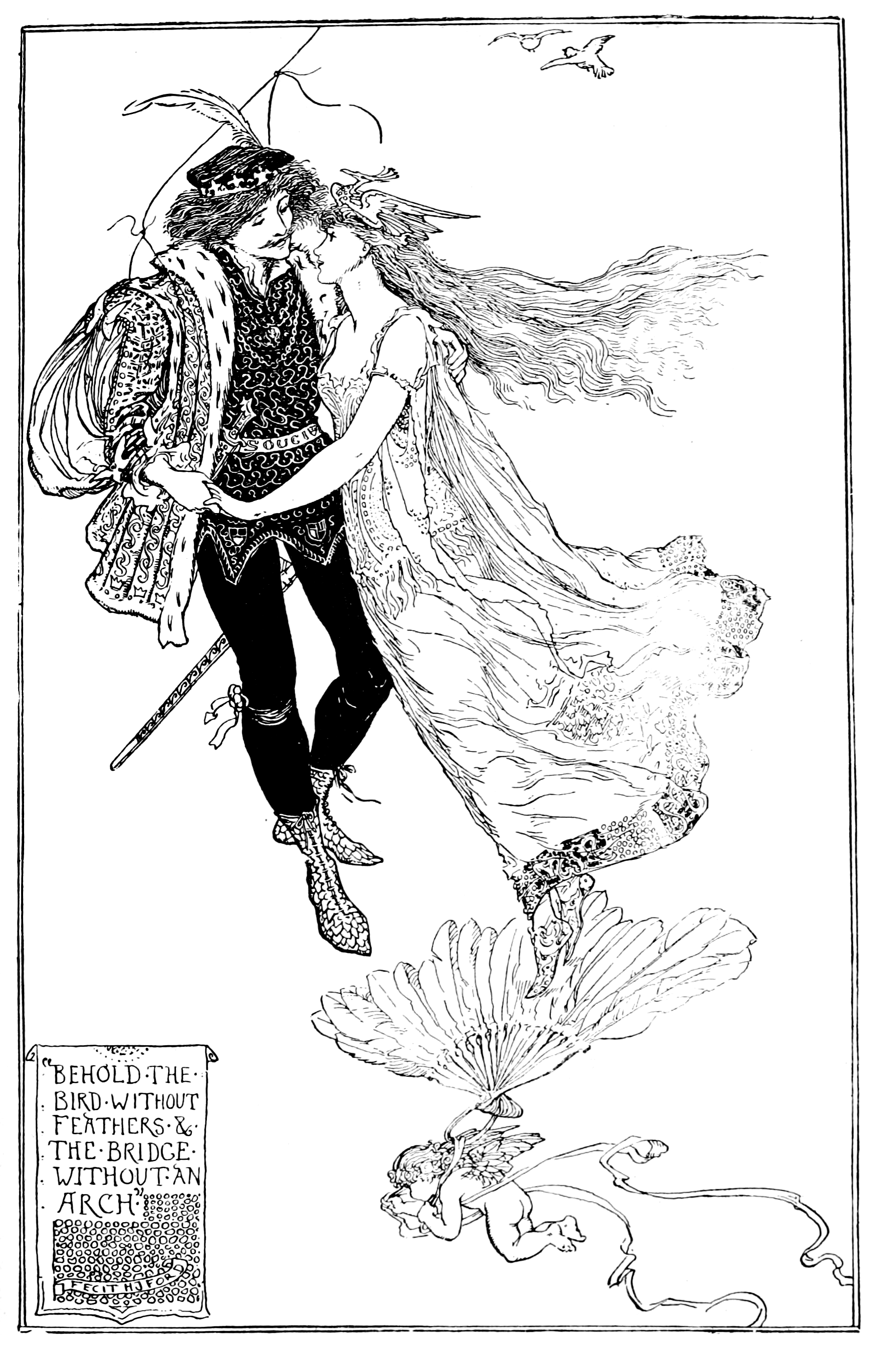black and white illustration of a young woman kneeling beside a small gnome-like being to hand him a piece of flatbread next to his mound while sheep mill about in the background. The young woman has long light-colored hair loose under a straw hat. She wears a simple dress with a ragged neckline and loose sleeves and holds another piece in her other hand resting in her lap. Next to her knees is a shepherds staff with the strap of a bag tangled around it. The little man has is eating one of the breads. He has pointed ears and no obvious clothing except his pointy cap and a belt under his arms with a pick in it, but has wrinkles like he’s wearing a bodysuit with a pointed toes. The mound is covered in grass and heather and has a small door leading into it.