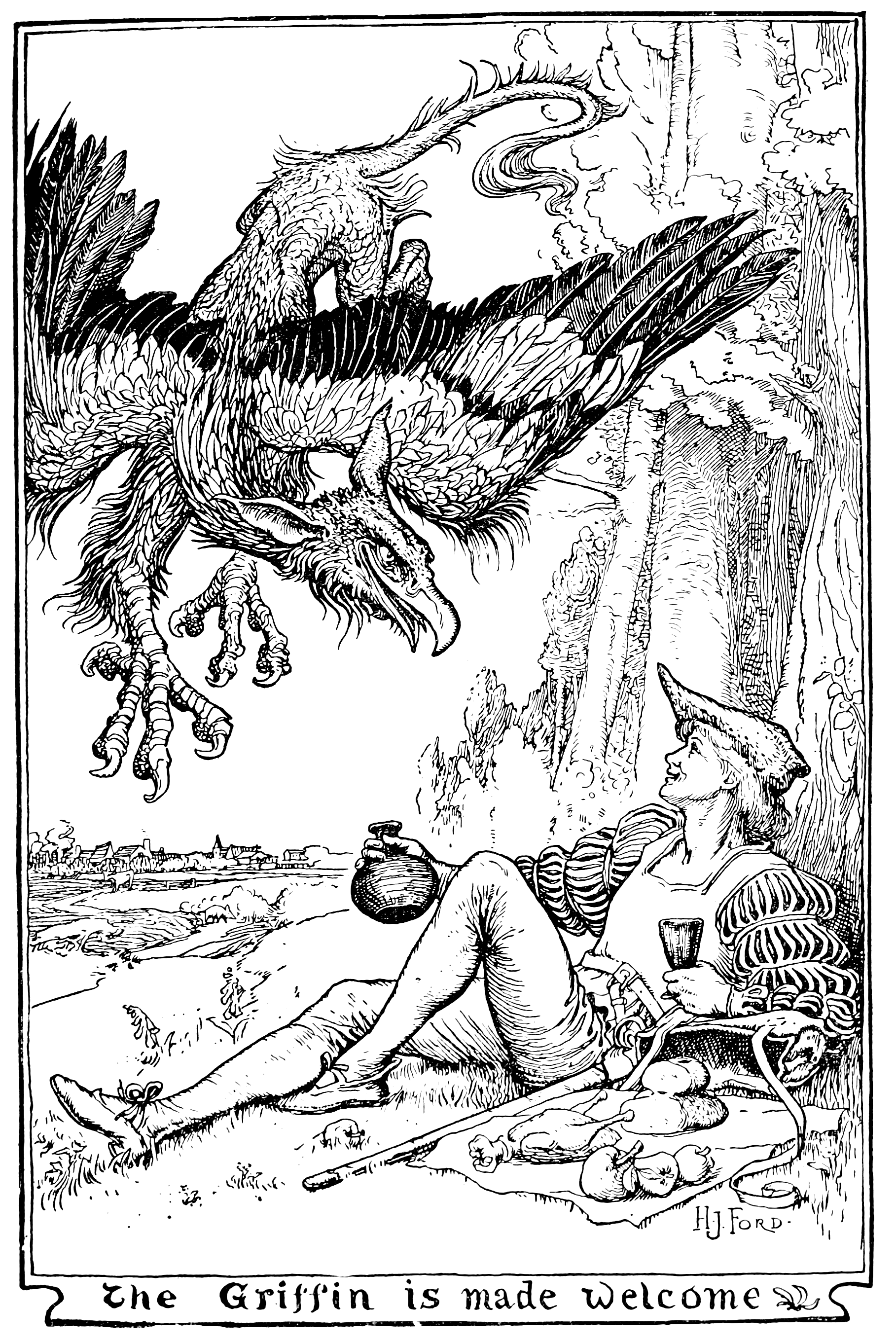 black and white illustration of a man in armor fighting a snakelike monster with a woman chained to a rock in the background.