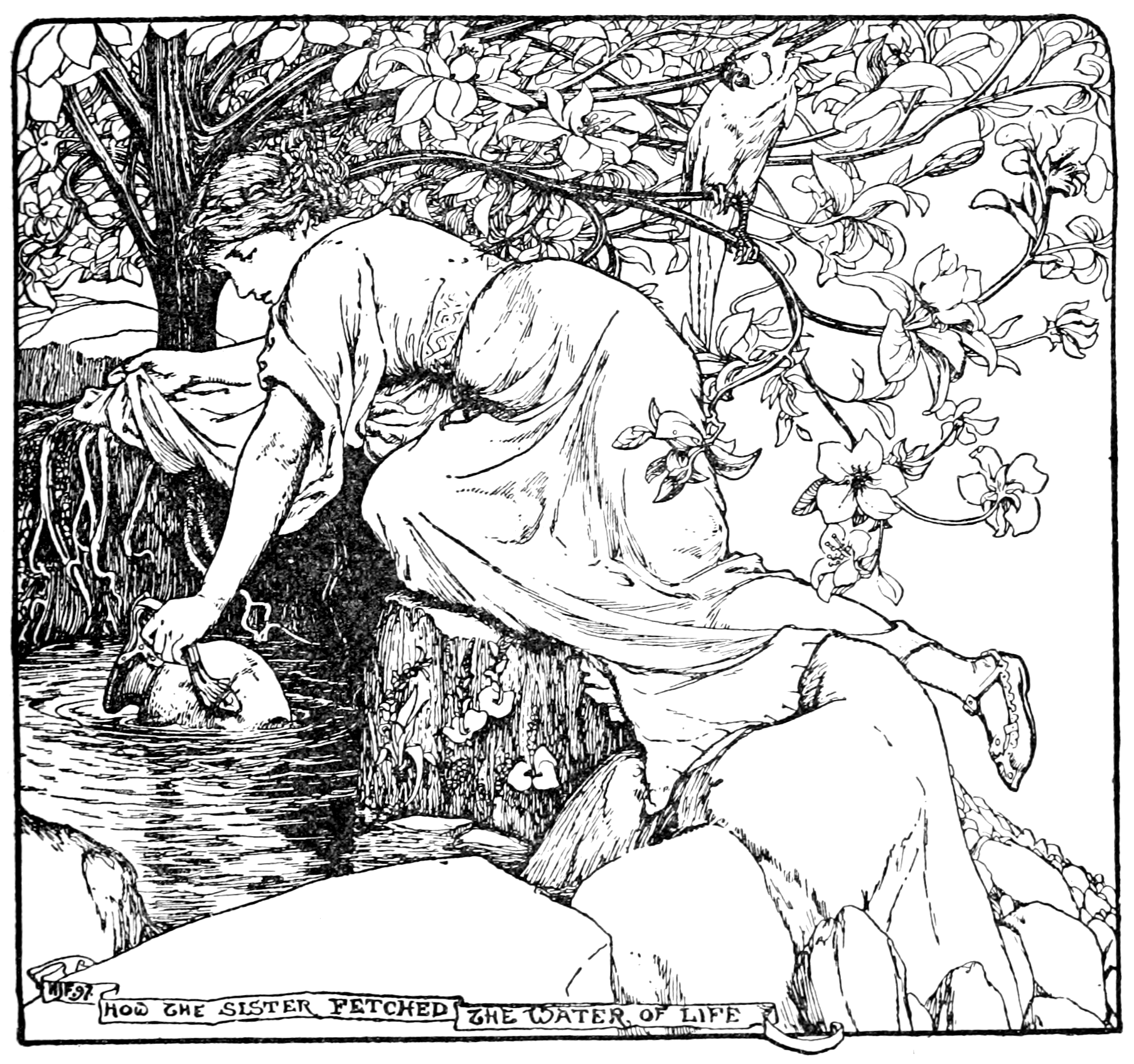 Illustration of a young woman climbing down to the wounded lion