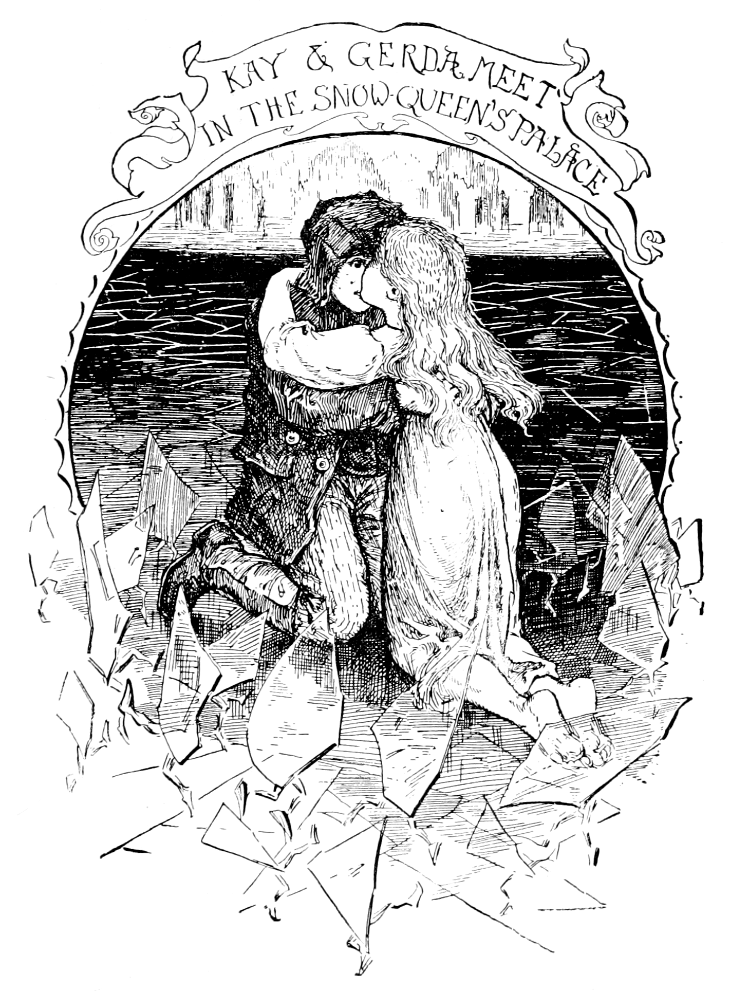 black and white full page illustration of a man and a mermaid on the sea floor. They are holding hands as if she is leading him somewhere. The man has a full beard and a simple tunic and shorts and a knife tucked into his belt; he looks perplexed and surprised. The mermaid has a long sinuous tail and wears no clothing except for a headpiece of seaweed and conches in her long flowing hair. There are two large fish on the side that they are facing and on the other side a large octopus peers out from behind a rock at them, one tentacle placed very near the man’s foot.