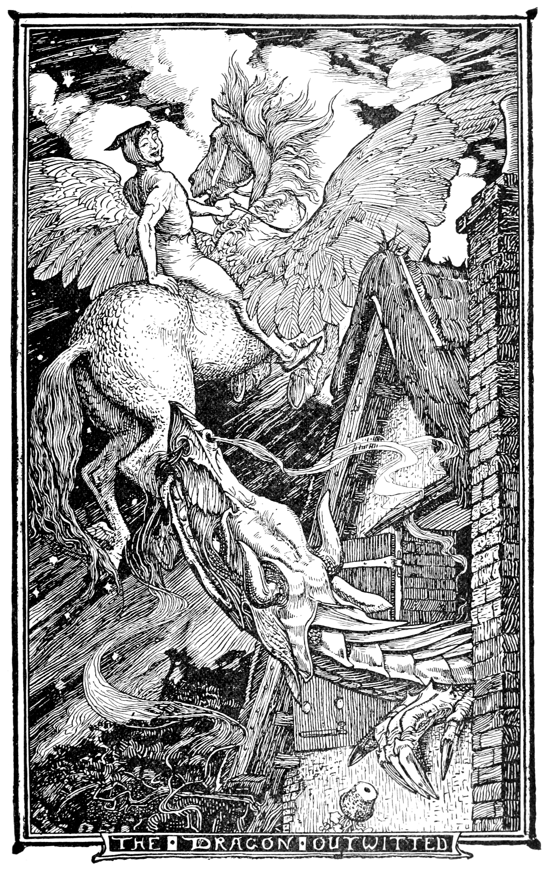 black and white full page illustration of a young man leaning over a book by candlelight. A beam of light is coming out of the book and sprouting from that light is a tree in which are clouds and women’s heads. Some of the women are playing instruments