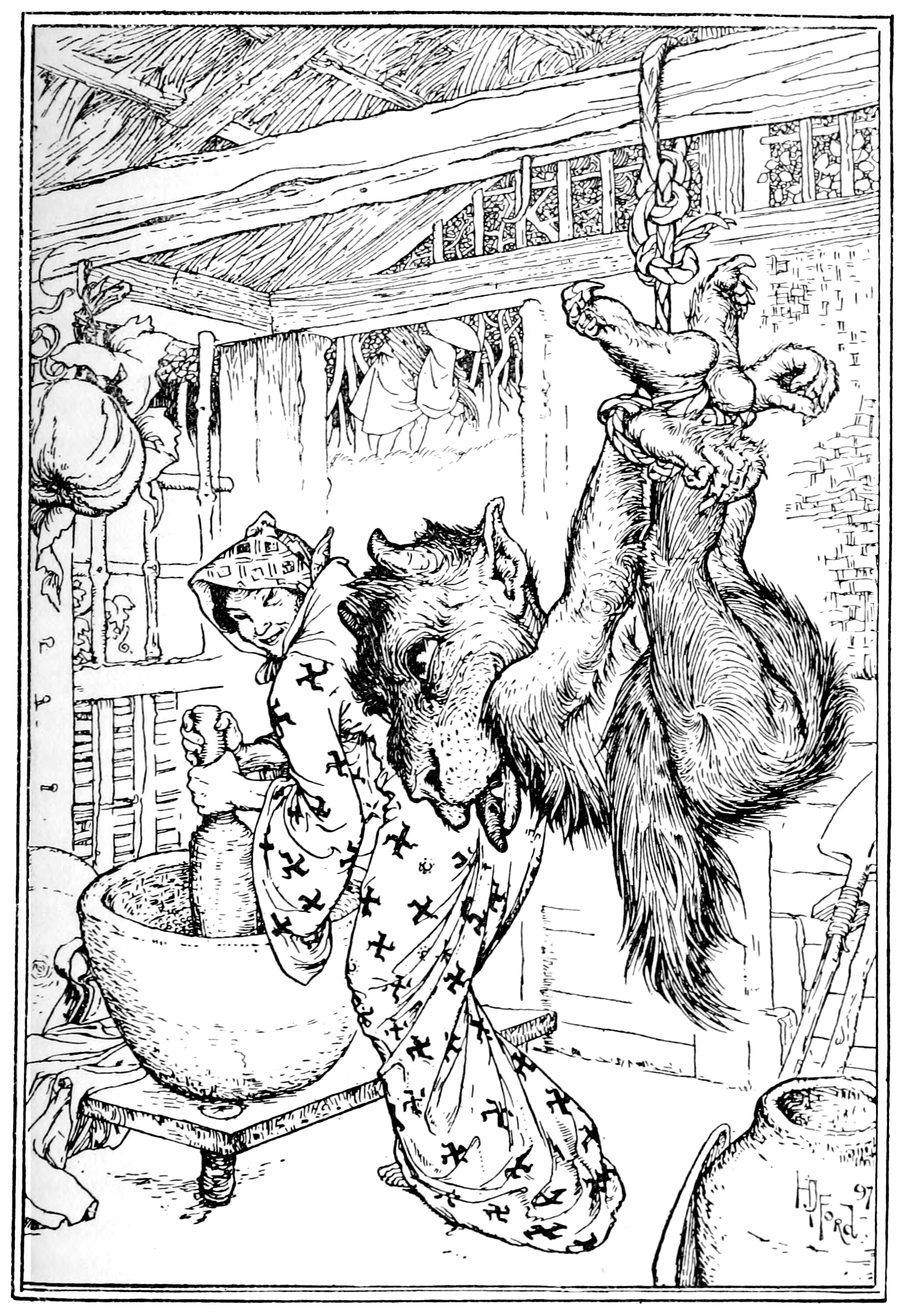 black and white illustration of the Tanuki (which is depicted as a fuzzy imp with a chimp-like body, a long bushy tail, fangs and claws, small horns, a somewhat camel-like head, and lolling tongue) laden down with branches walking bipedally with his hands almost dragging on the ground, while the hare (who also stands on two legs) standing behind him sets the branches on his back on fire