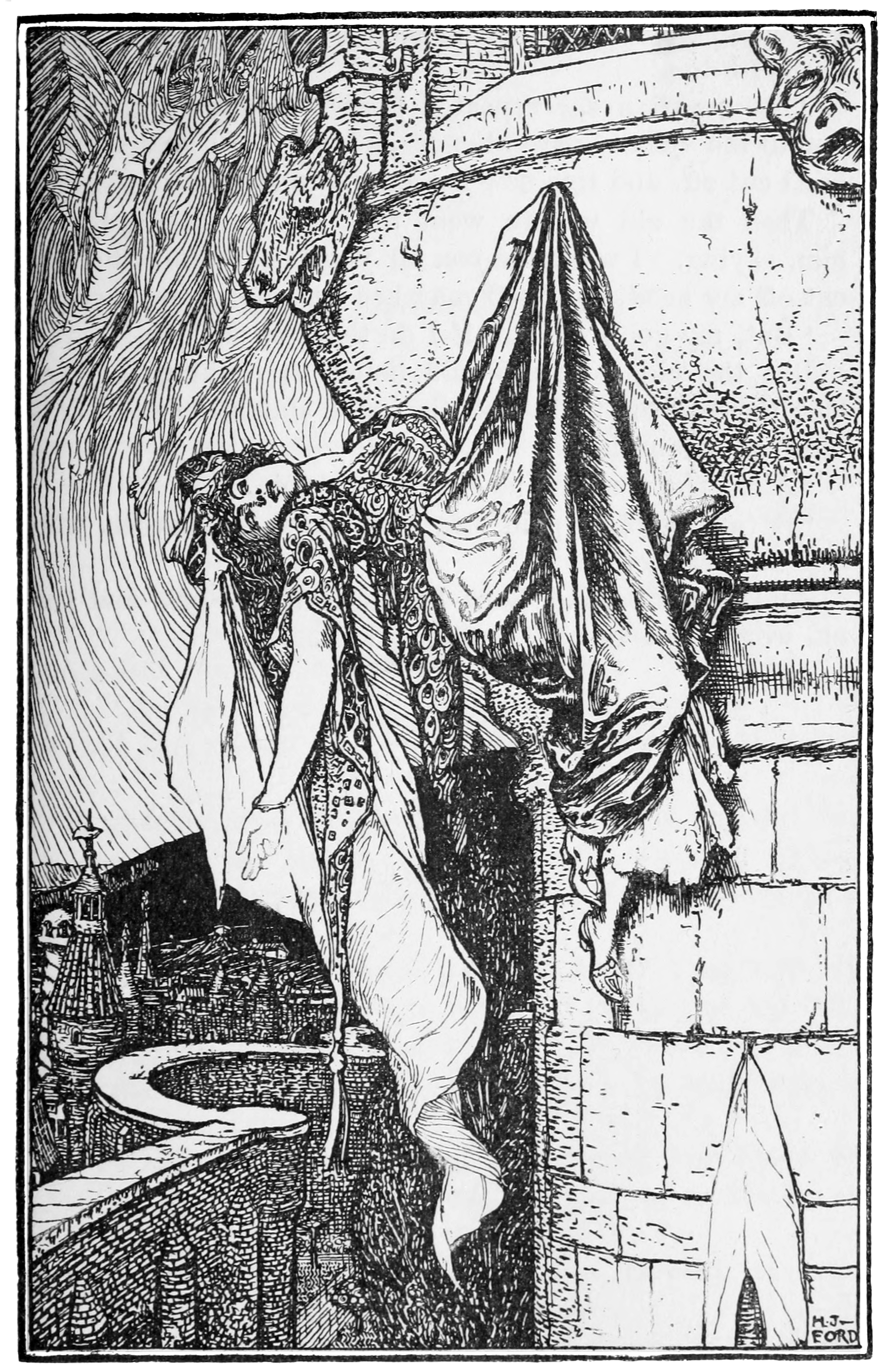 black and white full page illustration of two women. One is standing wearing a clinging vaguely Grecian dress with many knots holding it together, she is holding a small wheel and looking at the other woman. The other woman is finely dressed and seated at an ornate vanity and holding a hairbrush which she has half set down in her lap to look at the standing woman. A four-poster bed is visible in the background.