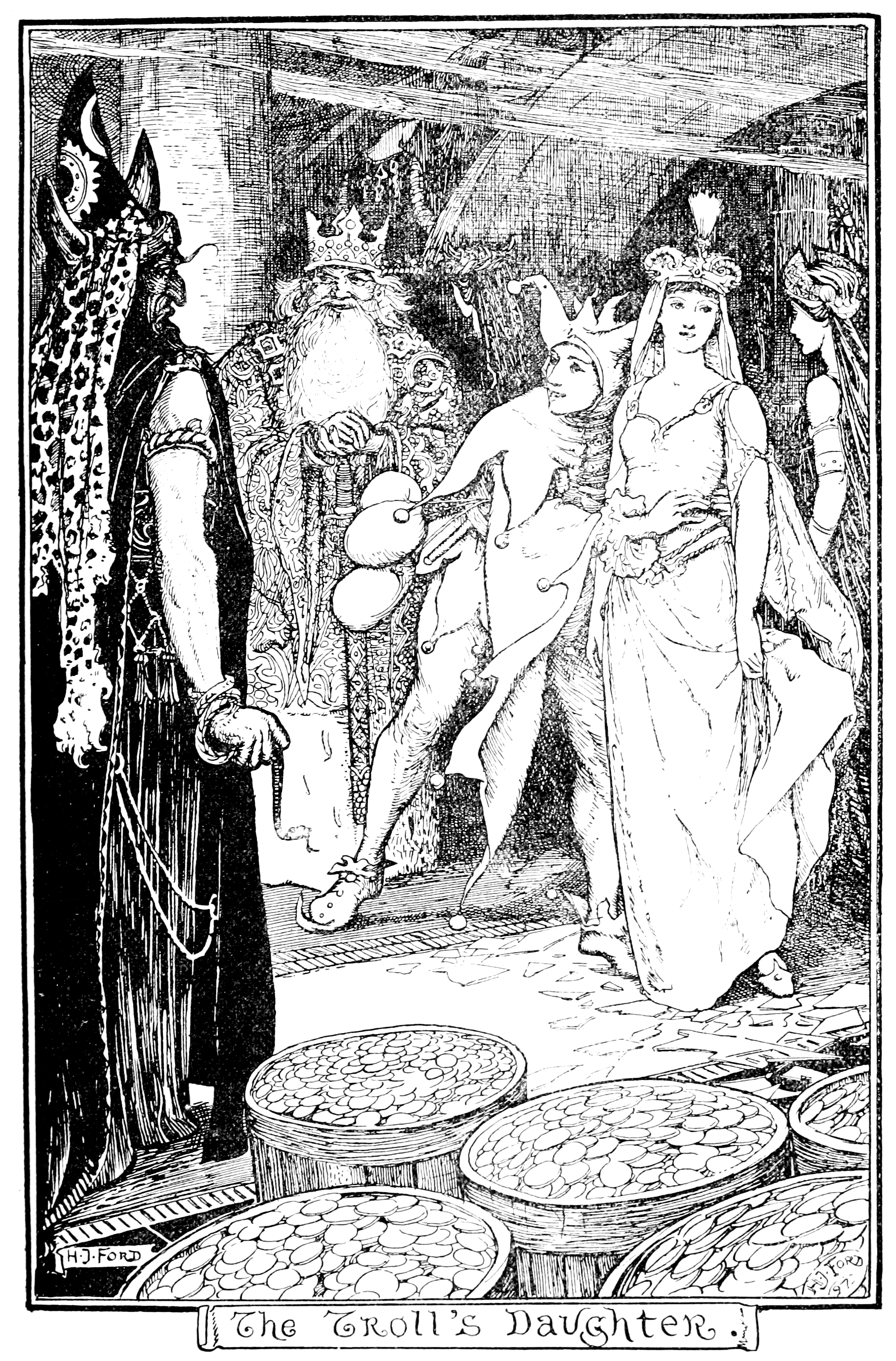 black and white illustration of a line of eleven men in finery on horseback looking proud. Sitting on the grass nearby a small young man sits alone.