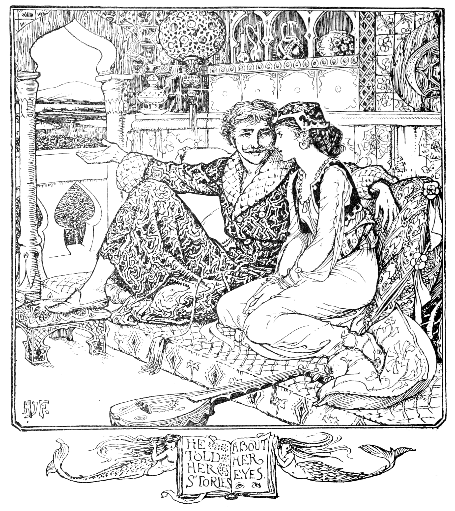 black and white illustration of a young woman on a flat roof, leaning on a decorative corner railing. She is wearing a “Turkish” outfit with a some kind of ornate hat with a long veil, a vest, an asymmetrical sash, a large necklace, loose gauzy trousers, and pointed slippers. Behind and below her a bit of a cityscape is visible.