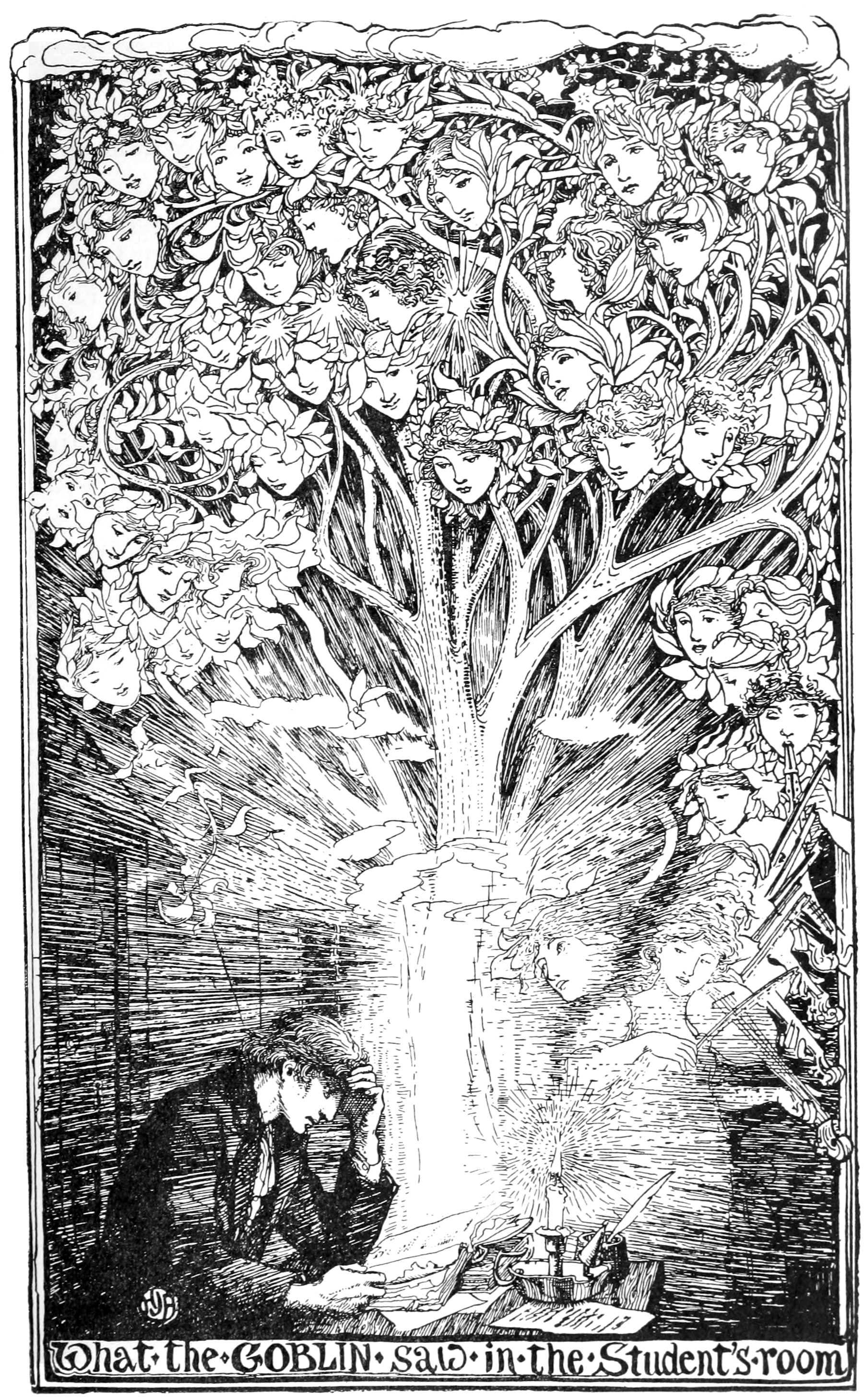 black and white illustration of a young woman presenting hay to a lounging brindled cow in front of an old wood-burning stove on a tiled ground, while a hen and a cock (rooster) peck up barley off the tiles