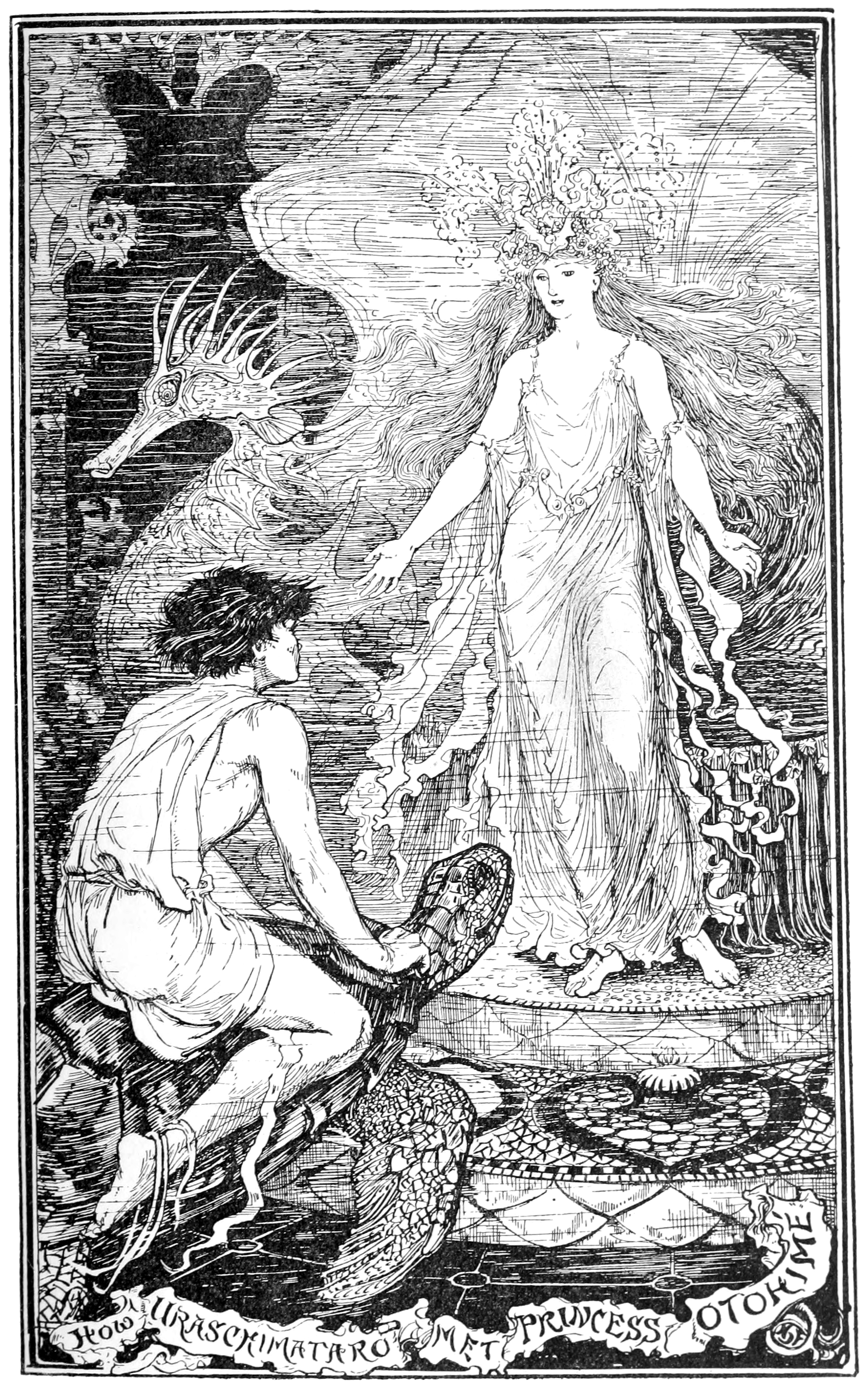 black and white illustration of the now-old man looking with horror at his reflection in the brook as vapour swirls out of the box in his hand