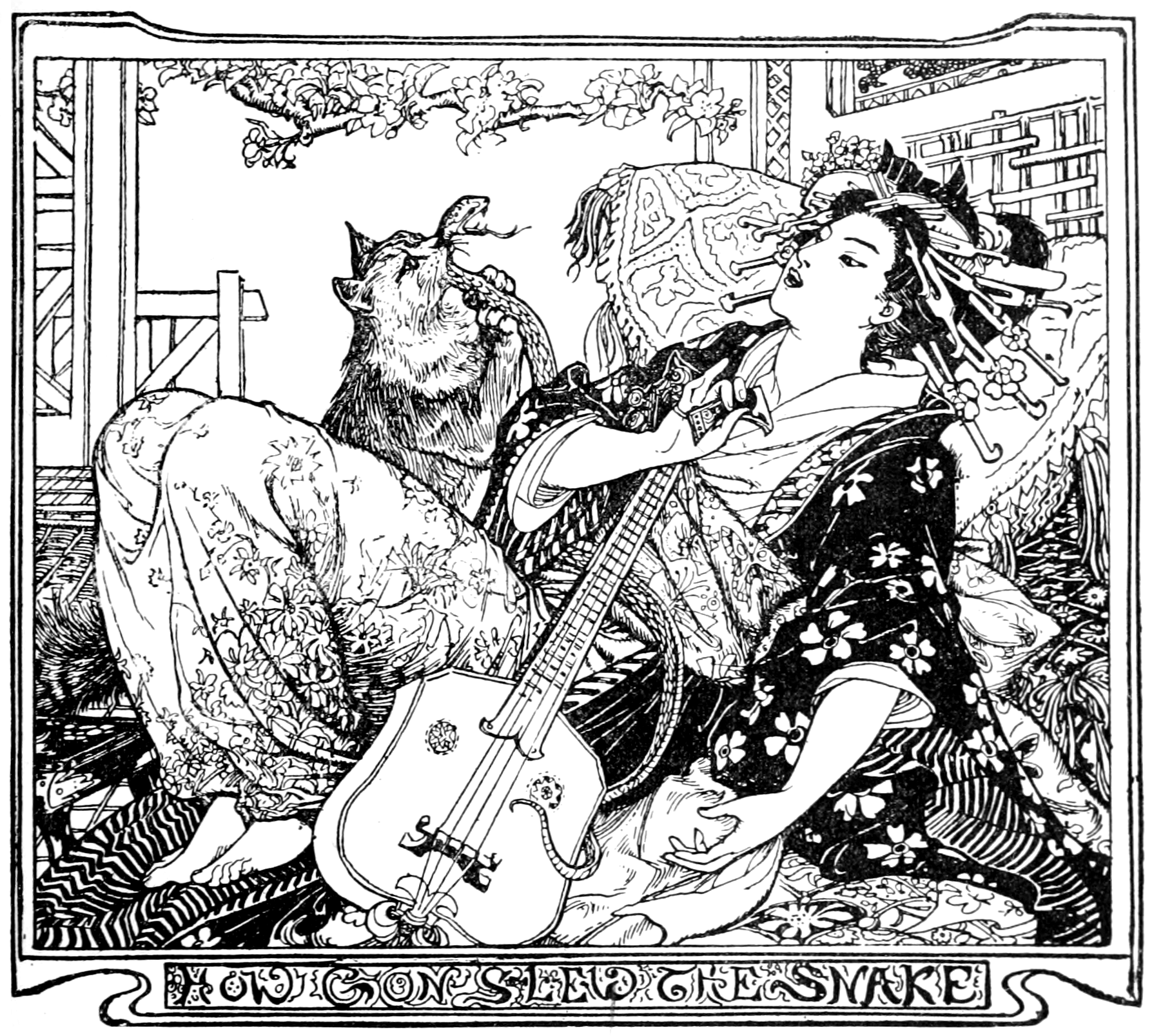 black and white full page illustration of a young woman in an ornate traditional Japanese outfit who is wiping her eye with a cloth as she cries. There are two cats at her feet one tabby and one white, the tabby has its mouth open and is gesturing like it’s telling her the story, the white holds a paw in front of it’s eyes as it cries. The room has a view to a garden through a window in the back