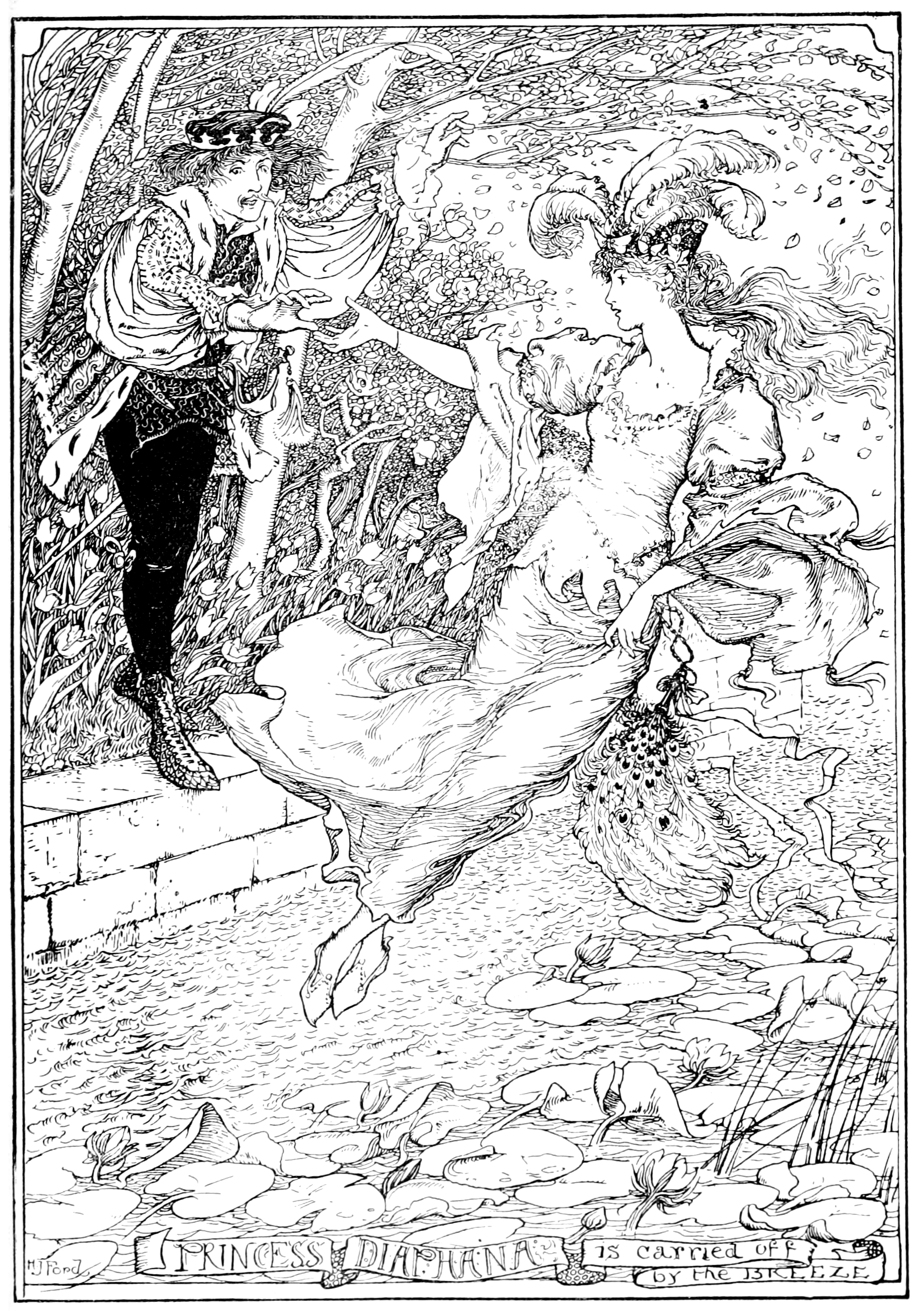 black ans white full page illustration of a young man and a young woman embracing in the air. The young woman is standing on a large feathered fan and the young man has a string leading from him up into the sky. The young woman wears a bird-shaped tiara and has long light-colored hair which she wears loose and a light flowy dress which both of which blowmin the wind. She is on tiptoes on the fan to bring her closer to the young man and wears ornate pointed slippers. The young man wears a crown or hat with a feather in it and has a mustache ans puffy shoulder length hair. His clothing is ornate with large puffed sleeves and an ermine collar, a belt with a sheathed sword and dagger on it, and pointed boots. Their is nothing in the background except a couple far away birds.