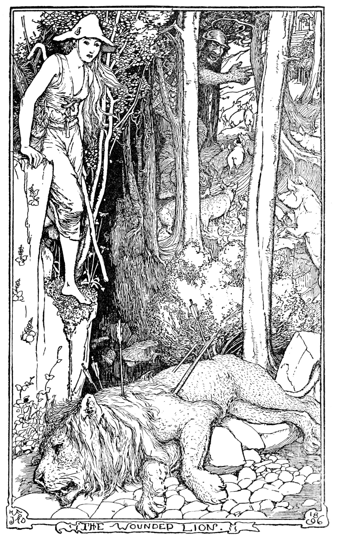Illustration of a young woman climbing down to the wounded lion
