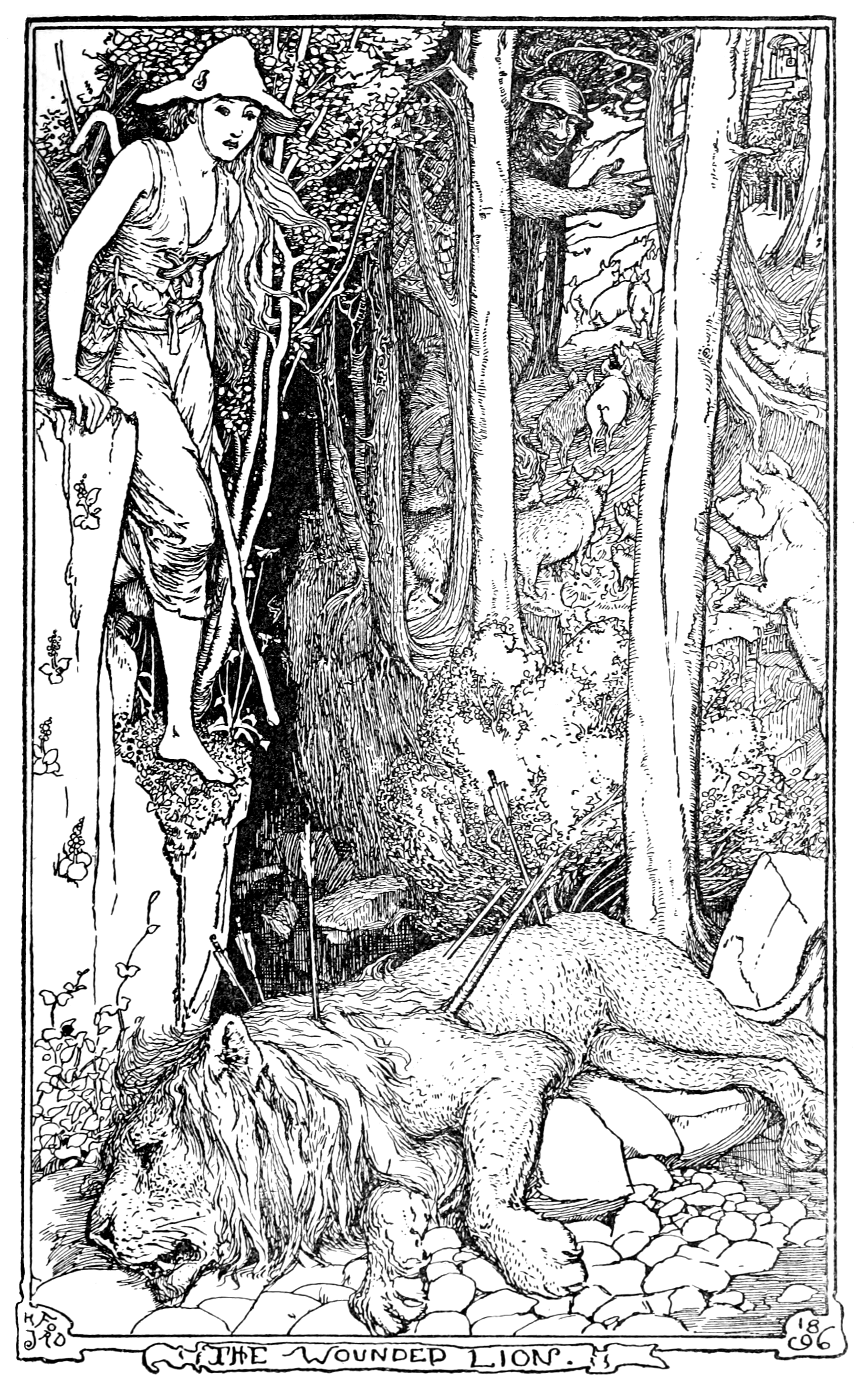 black ans white full page illustration of a giant charging down a rocky slope towards a young woman holding up a shirt made of locks of hair. The giant has a sword in one hand and a club in the other and smoke billowing from his nostrils. The giant is around twice the woman’s height but stopping slightly at her and is quite close to her. His whole body is covered in hair and he wears a jeweled helmet with a chainmail hood, a rough edged fur toga-ish garment covering one shoulder and held in place with a belt, and an ornate strap with a scabbard chained to it, and ornately-strapped sandals that wind up his legs. He has finger and toe claws and bracelets on both arms. The young woman wears a braided bun and fancy cap or hair ornament, a flowing dress with embroidery at the edges of it’s long dangling sleeves which blow in the wind and ribbon set into the belt and neckline, and pointed slippers with decorative cutouts or panels. The hair shirt is short sleeved and very large with many visible wavy tresses.