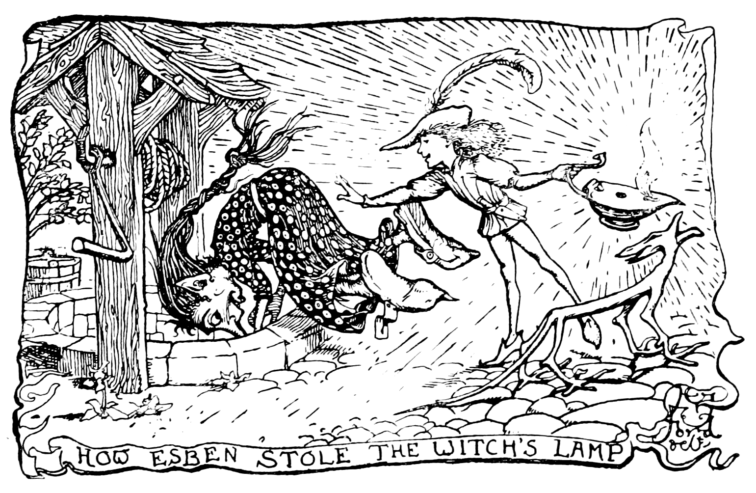 black and white illustration of a witch in nightgown and cap crouching next to a bed to catch a small young man by the leg.